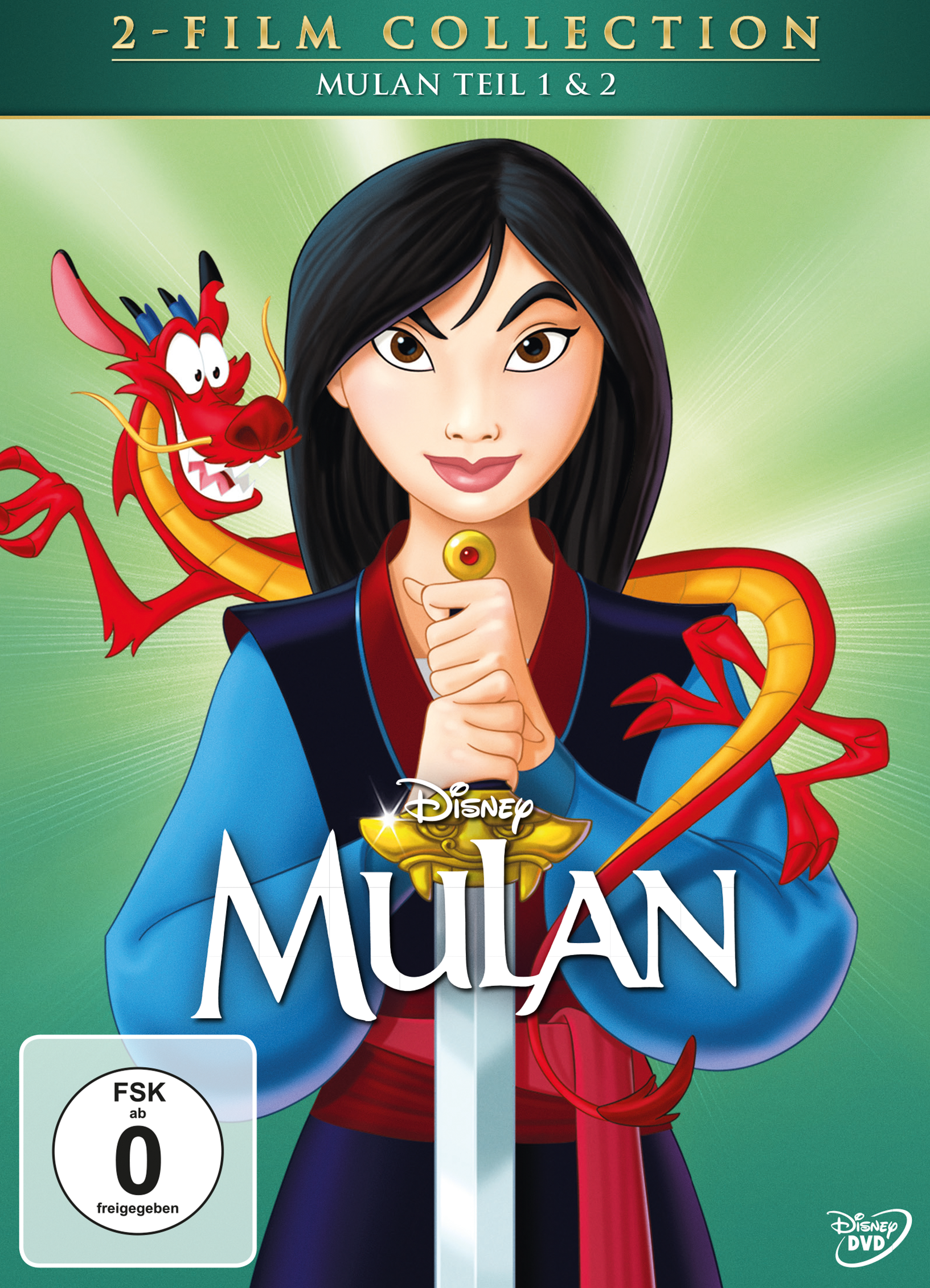 DVD-Cover für Mulan mit Mulan mit einem Schwert und einem Drachen. Der Hintergrund ist grün.