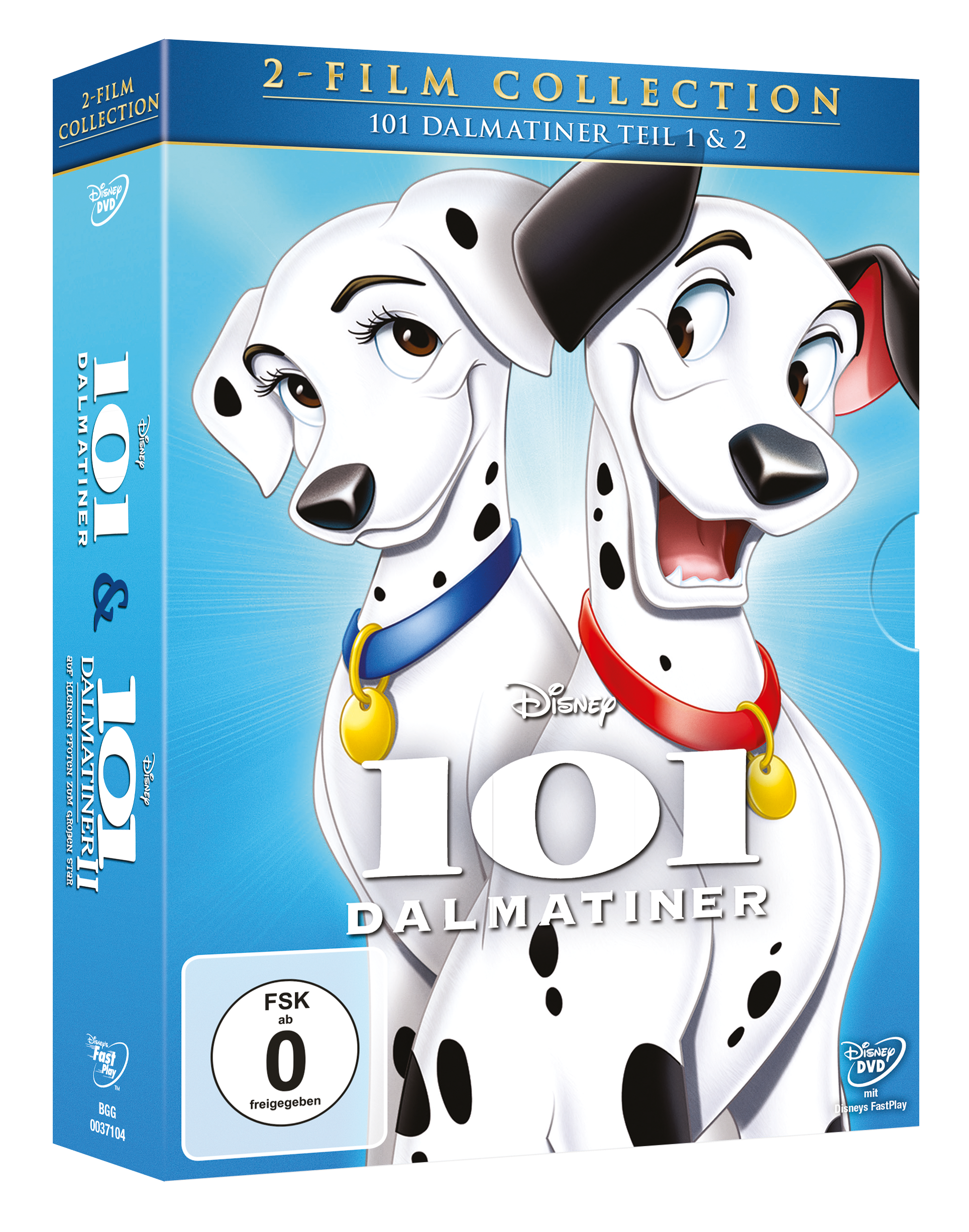 DVD-Cover: 101 Dalmatiner. Zwei Dalmatiner auf dem Cover. Text: 101 Dalmatiner Teil 1 & 2.