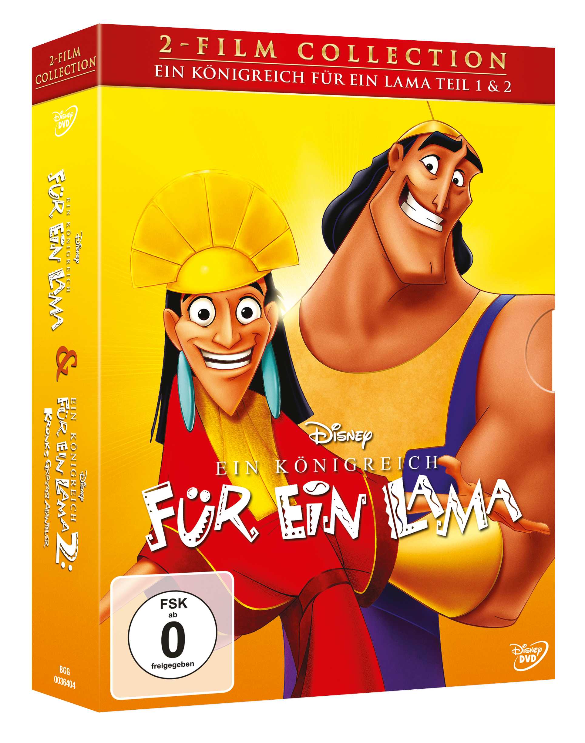DVD-Cover für 'Ein Königreich für ein Lama'. Zeigt zwei Zeichentrickfiguren und den Titel.