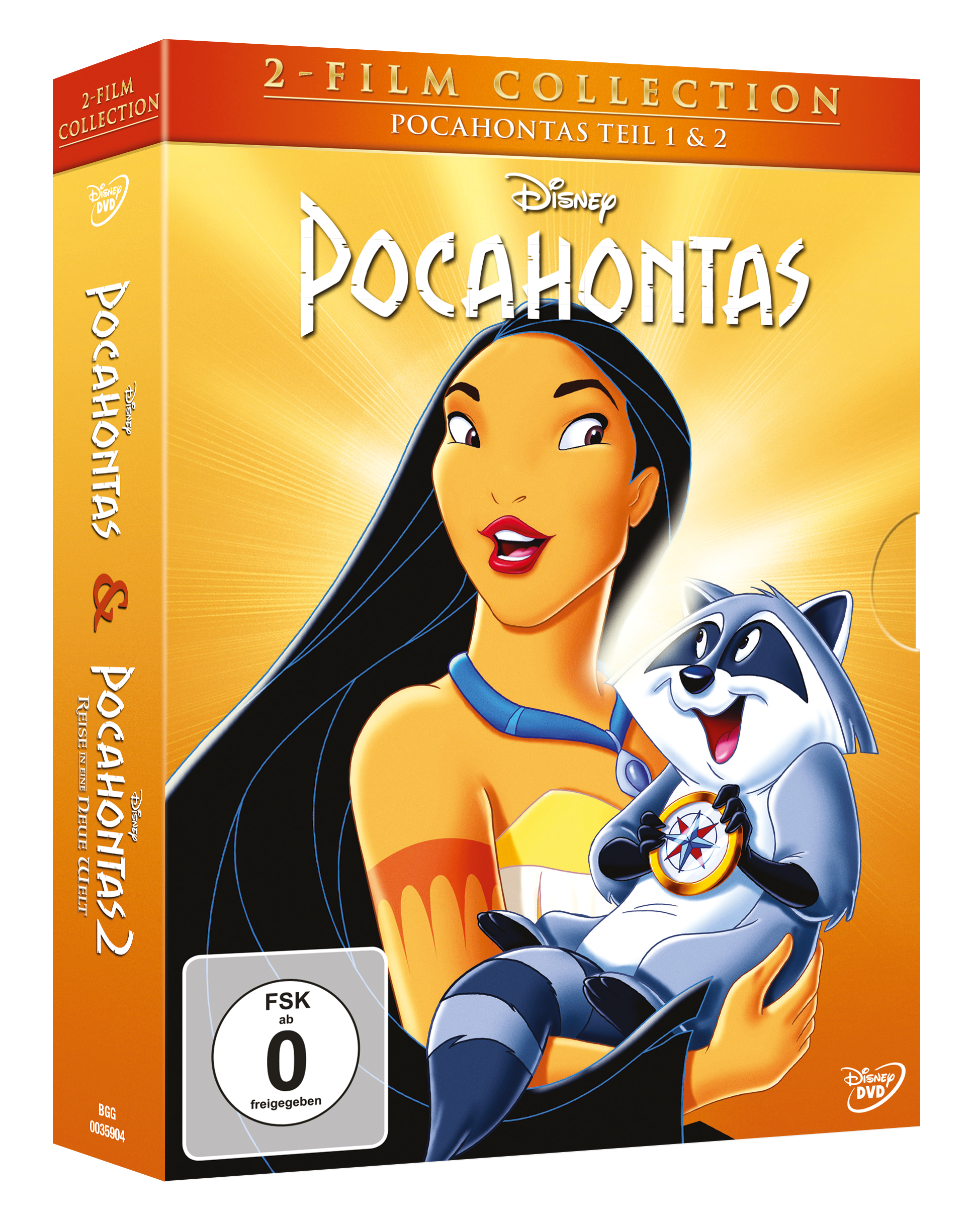 DVD-Cover für Pocahontas 1 & 2, Disney-Zeichentrickfilm mit Pocahontas und einem Waschbären auf dem Cover.