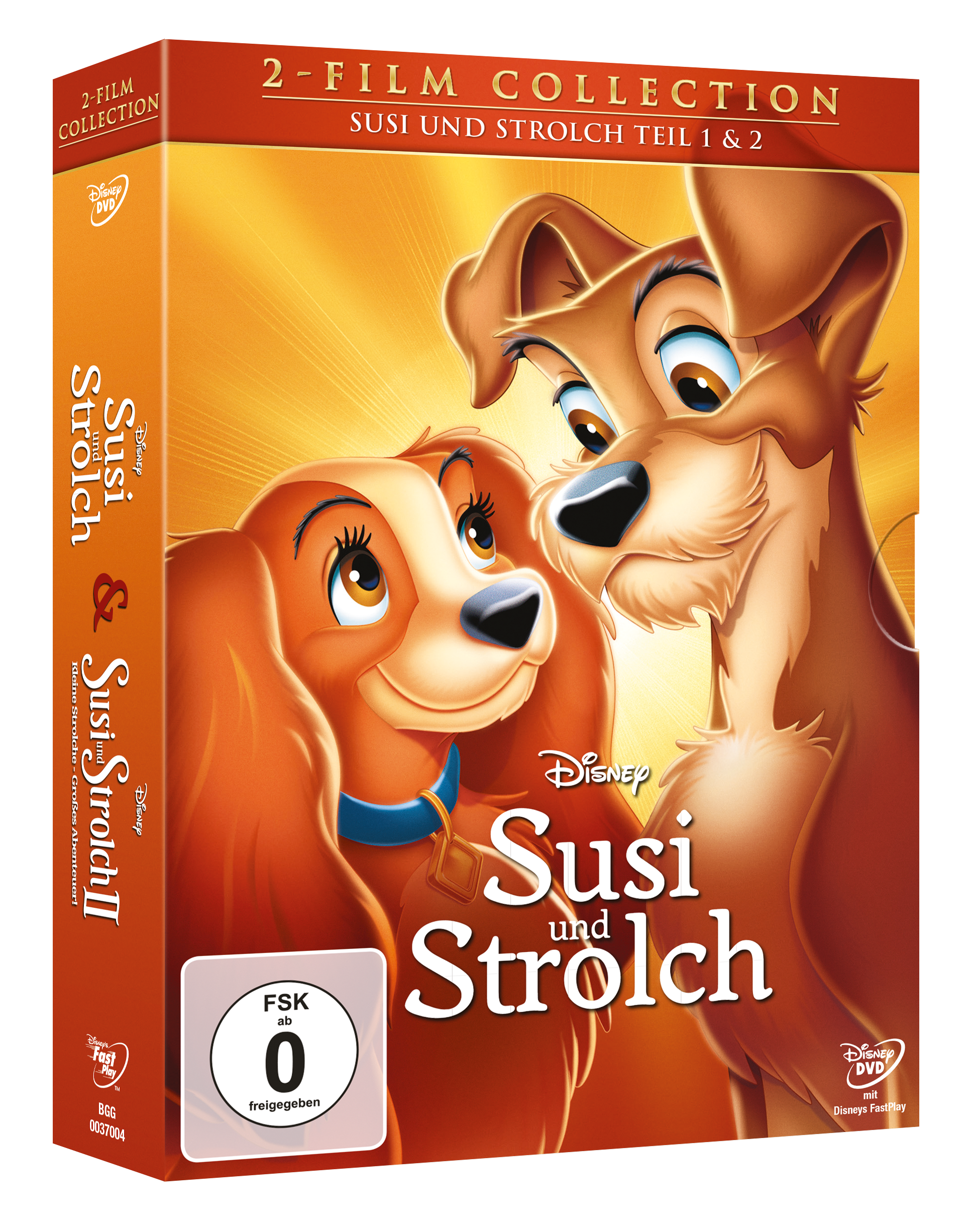 DVD-Hülle mit einem Cartoon-Bild von zwei Hunden. Der Titel lautet "Susi und Strolch".