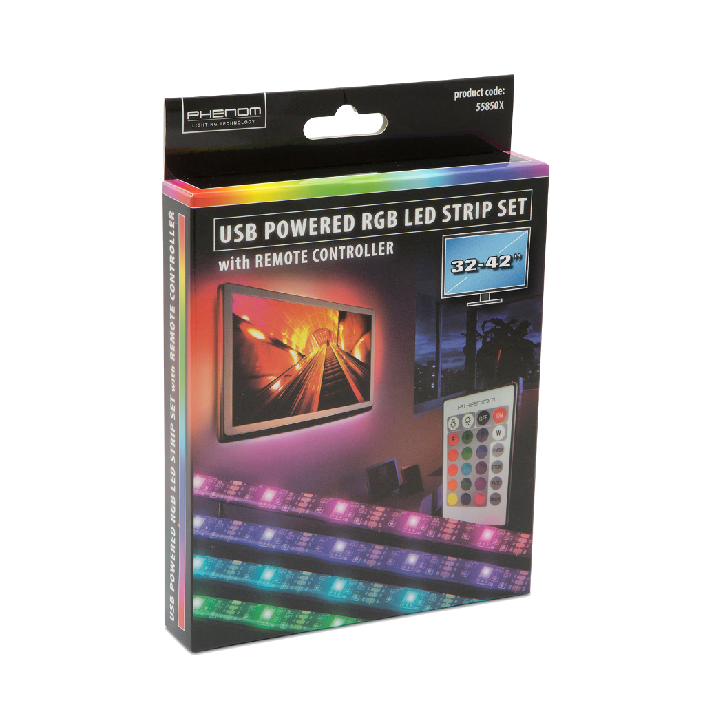Termékdoboz USB LED szalagra távirányítóval, TV-képernyőt mutat be.