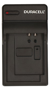 Black Duracell battery charger with indicator light and battery terminals.