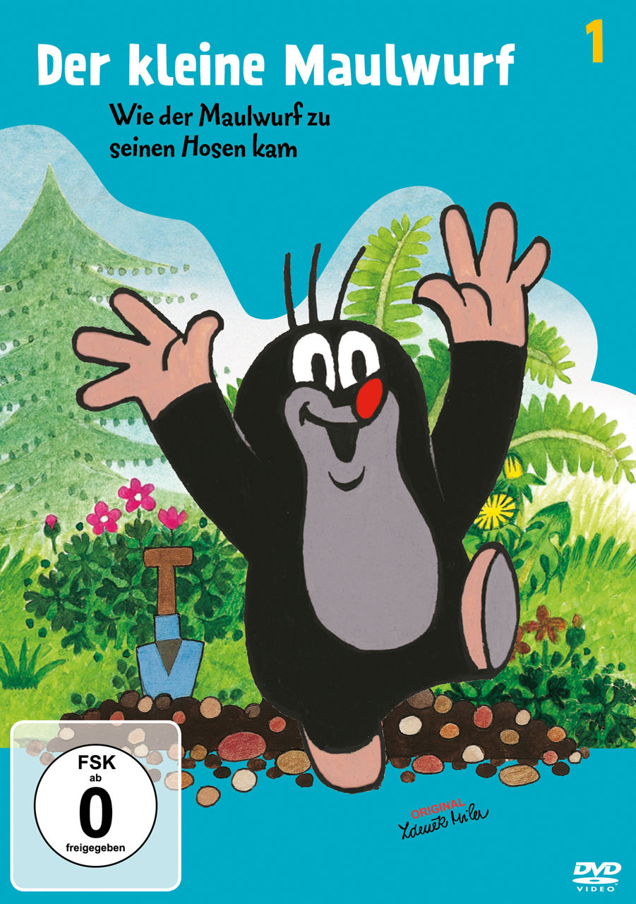 Ein Cartoon-Maulwurf mit einer Schaufel. Grünes Gras und blauer Himmel. DVD-Cover mit Text.