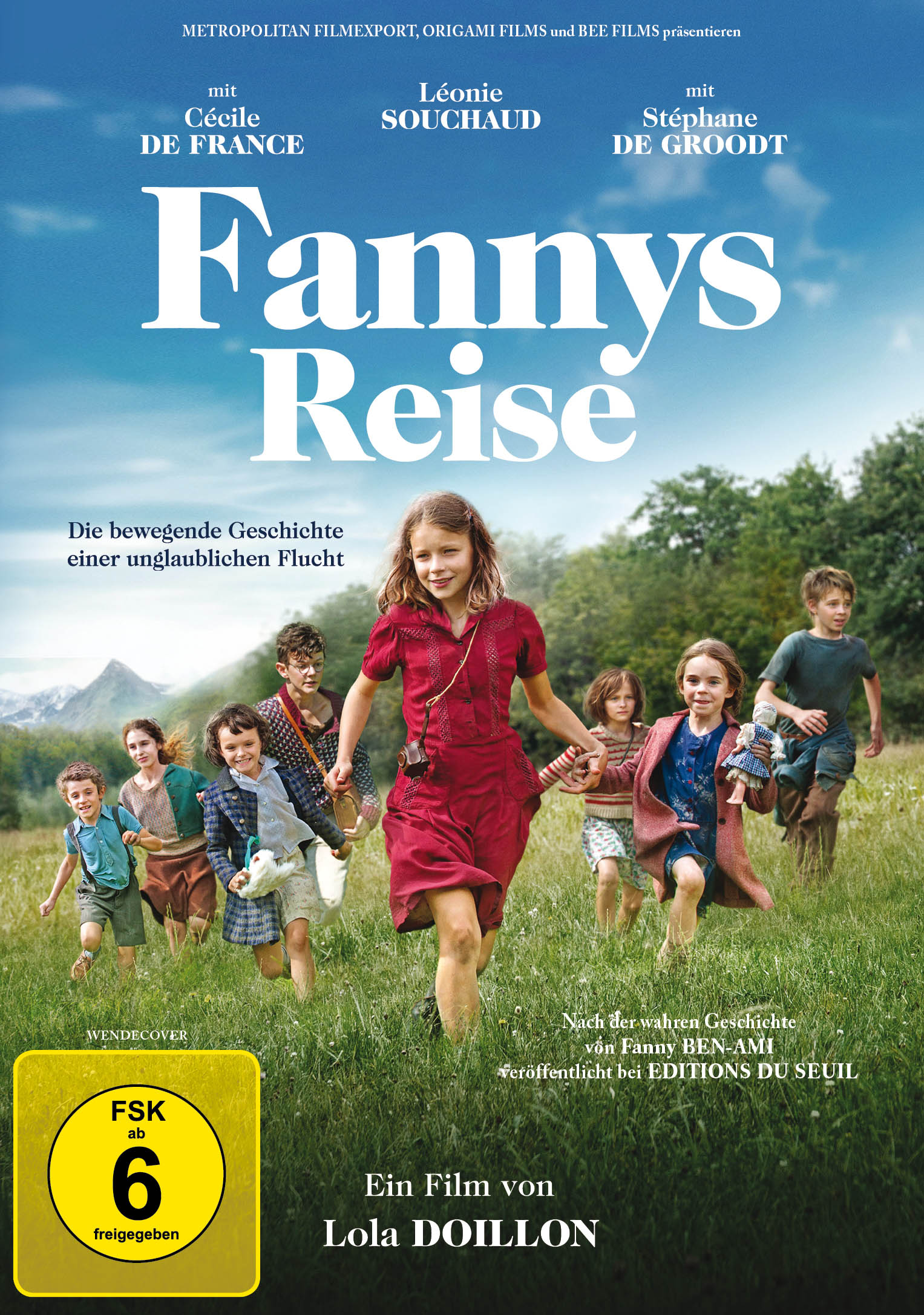 Filmcover: Fannys Reise. Ein Mädchen rennt mit anderen Kindern über eine grüne Wiese.