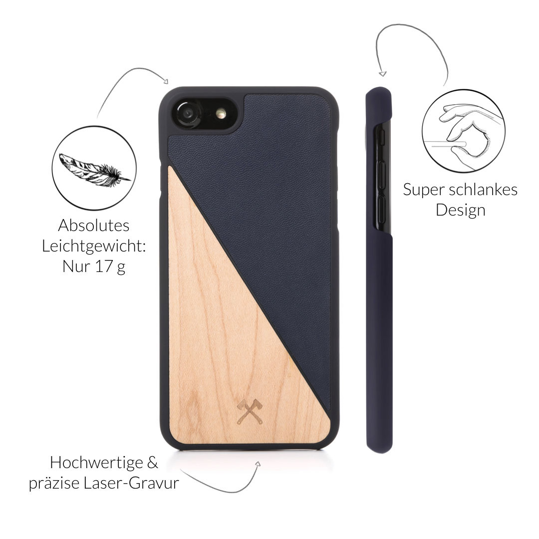 WOODCESSORIES Ecocase, Backcover, Apple, iPhone 7, iPhone 8, Ahorn/Navy Blau