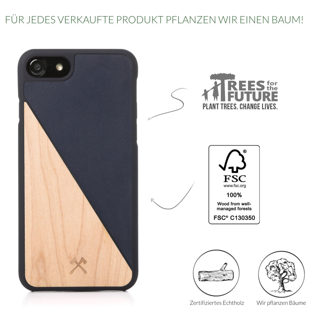 WOODCESSORIES Ecocase, Backcover, Apple, iPhone 7, iPhone 8, Ahorn/Navy Blau