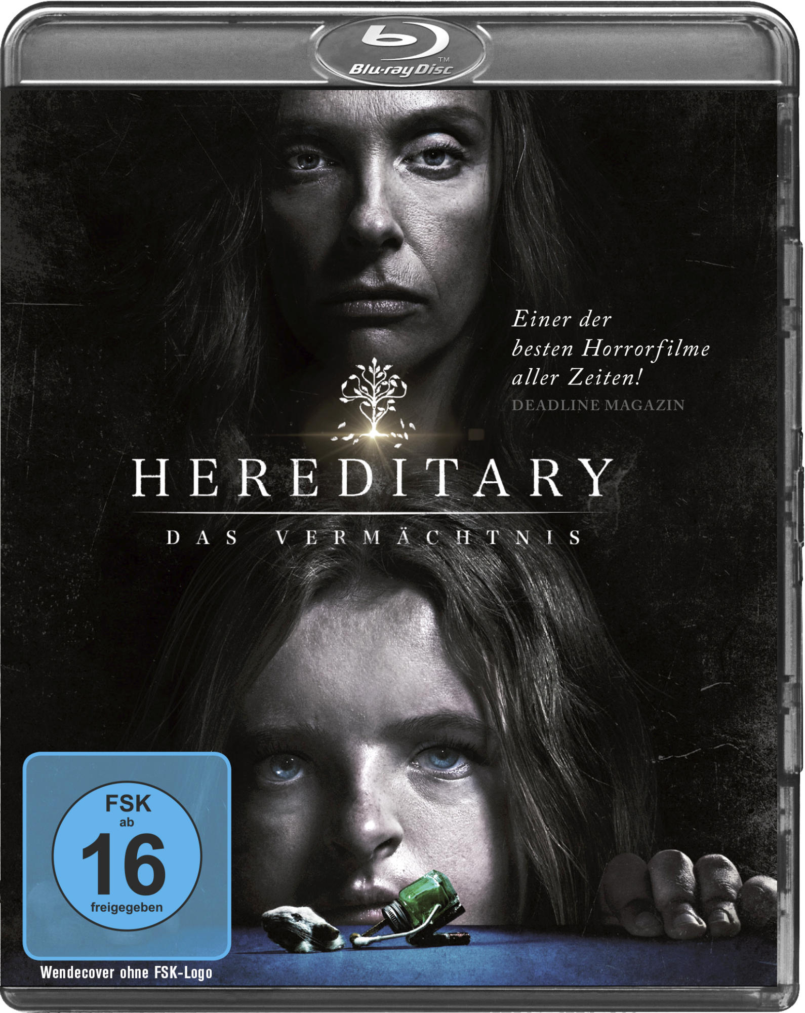Filmcover: Zwei Gesichter übereinander. Titel: Hereditary, mit düsterem, düsterem Thema.