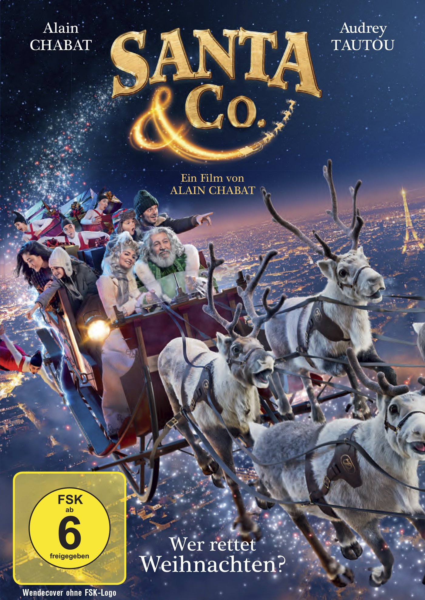 Filmposter für Santa & Co., mit Santa, Rentieren und dem Eiffelturm.