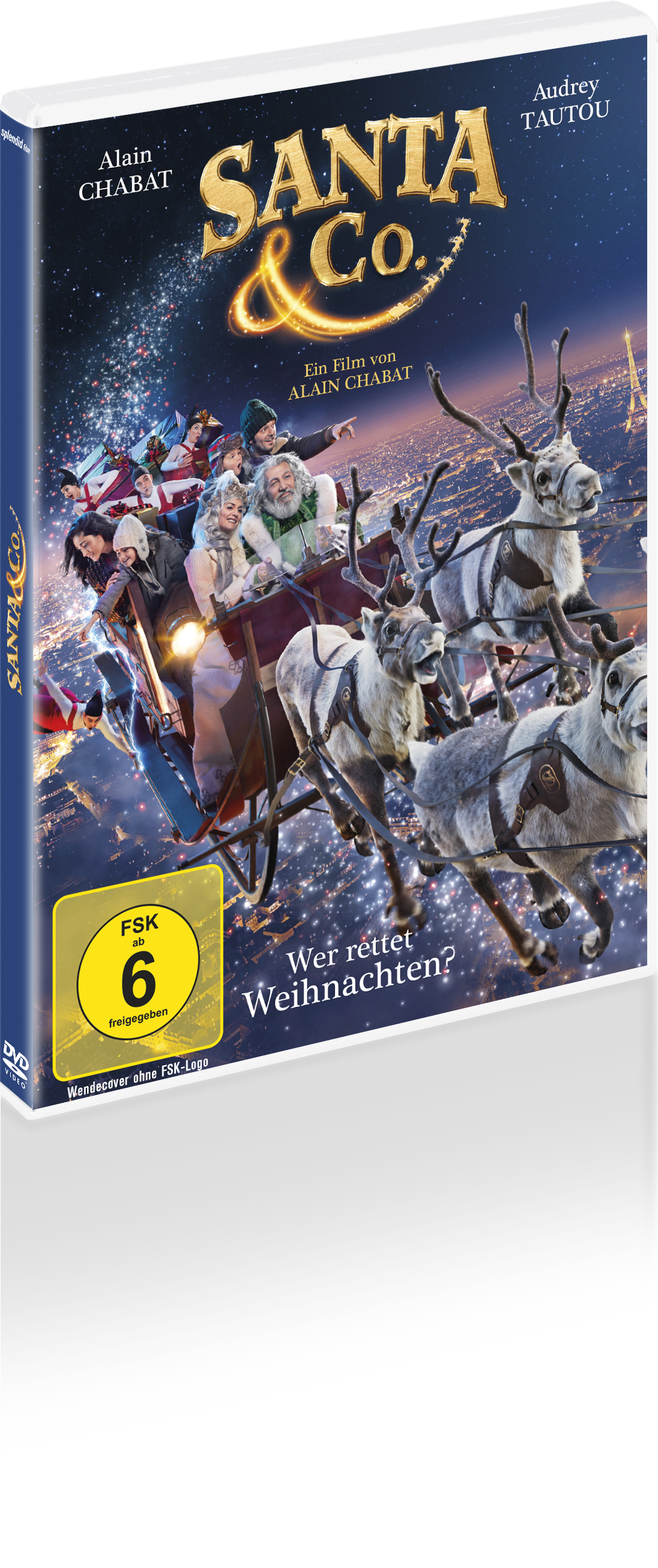 DVD-Cover von Santa & Co. Der Weihnachtsmann in einem von Rentieren gezogenen Schlitten fliegt über eine Stadt bei Nacht.