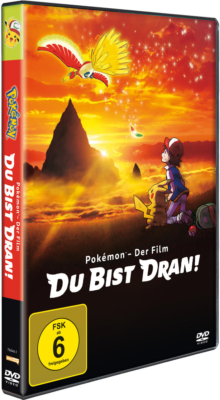 Filmcover: Ein Junge und ein Pikachu auf einem Berg mit orangefarbenem Himmel. Der Text ist auf Deutsch.