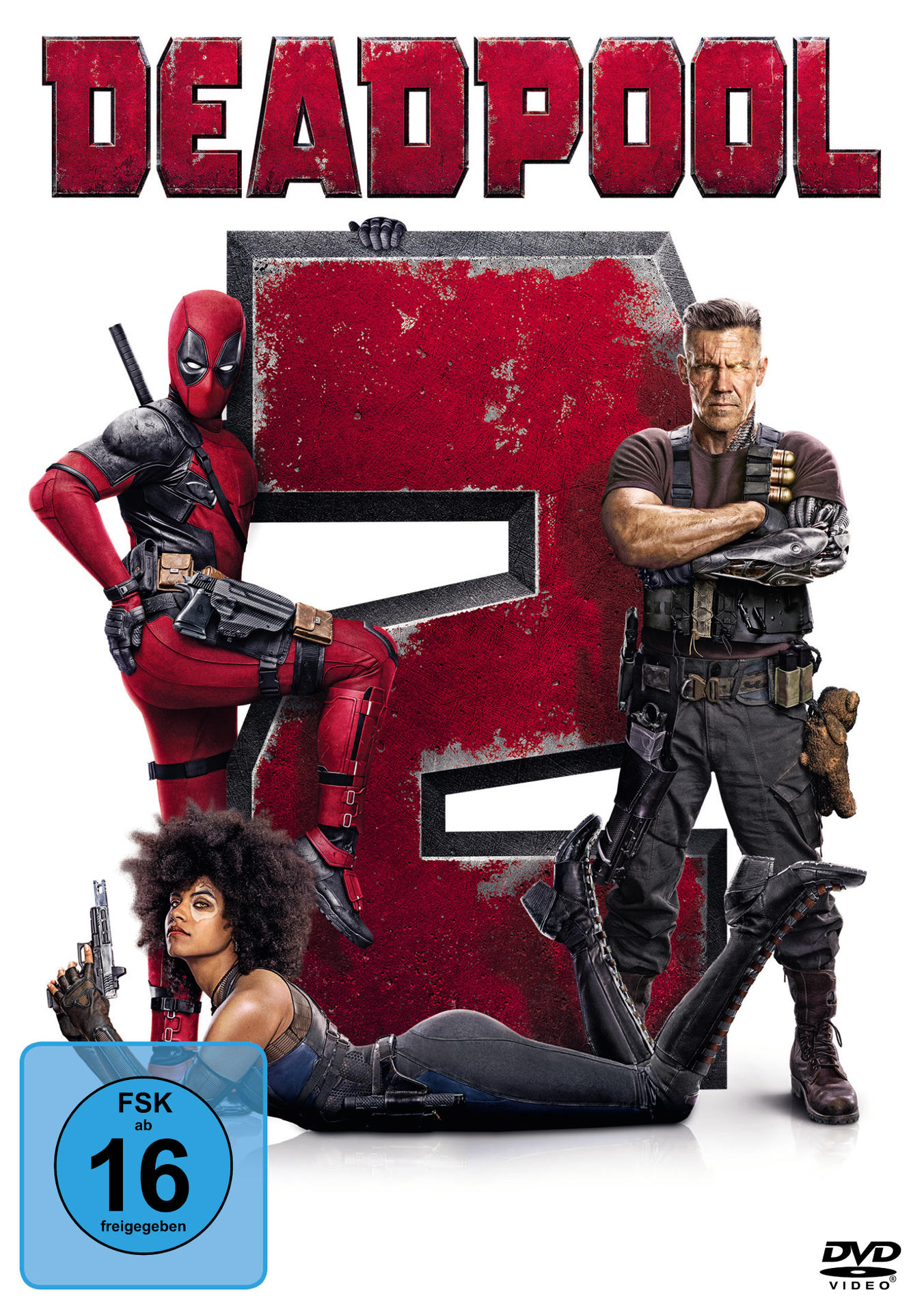 Deadpool 2 DVD-Cover mit Schauspielern und der Zahl 2 in Rot.