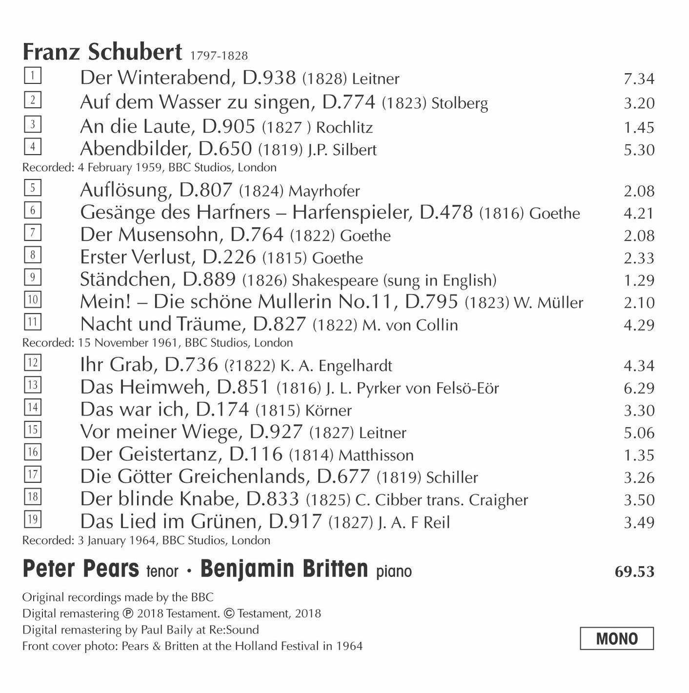 Peter Pears, Benjamin Britten - Lieder Recital  - (CD)