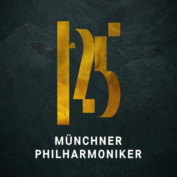 Goldenes '125'-Logo mit 'MÜNCHNER PHILHARMONIKER'-Text auf dunklem, strukturiertem Hintergrund.