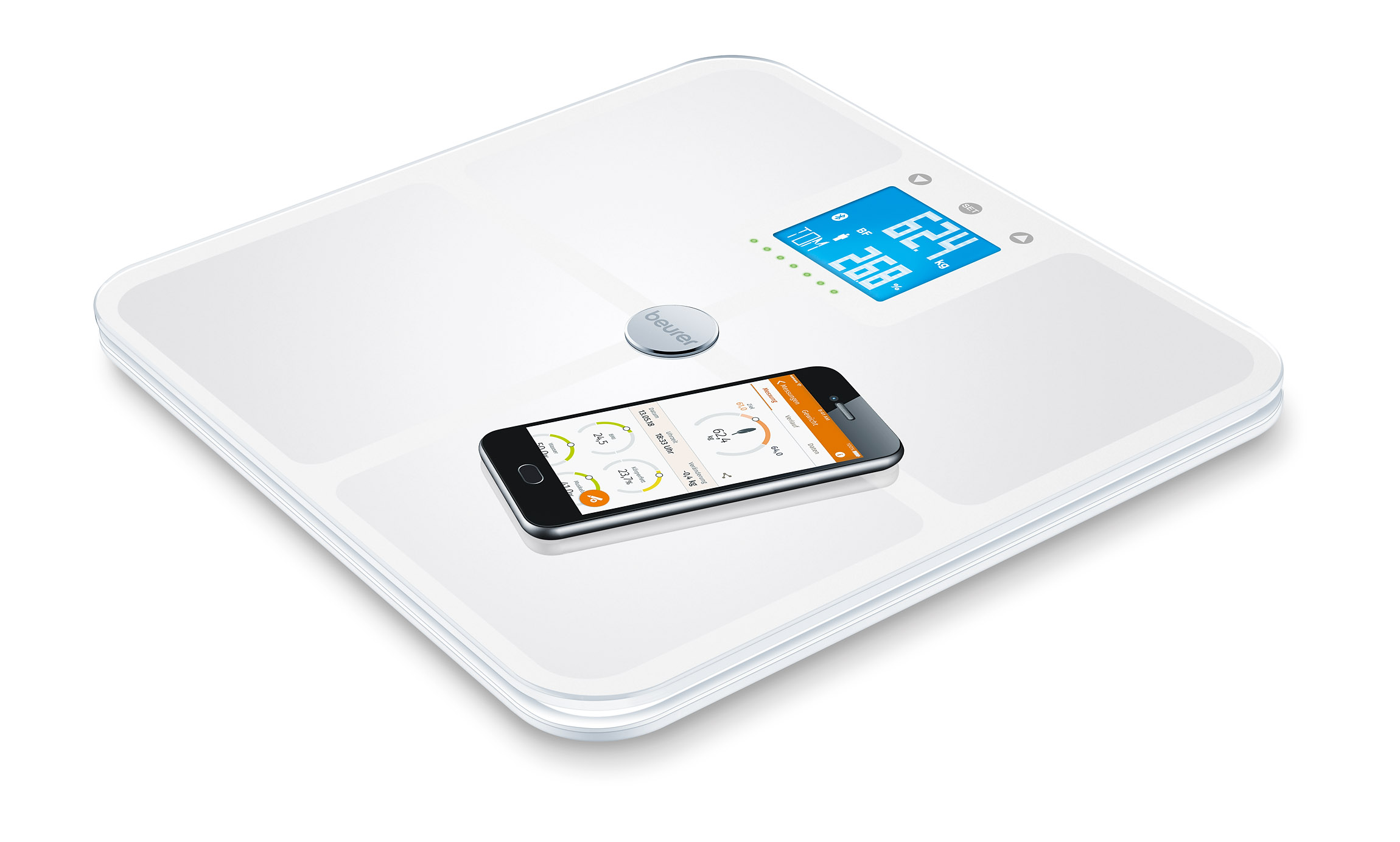 Weiße Smart-Waage mit Handy, das Gewichtsdaten anzeigt. Zeigt Gewicht und Körperwerte.