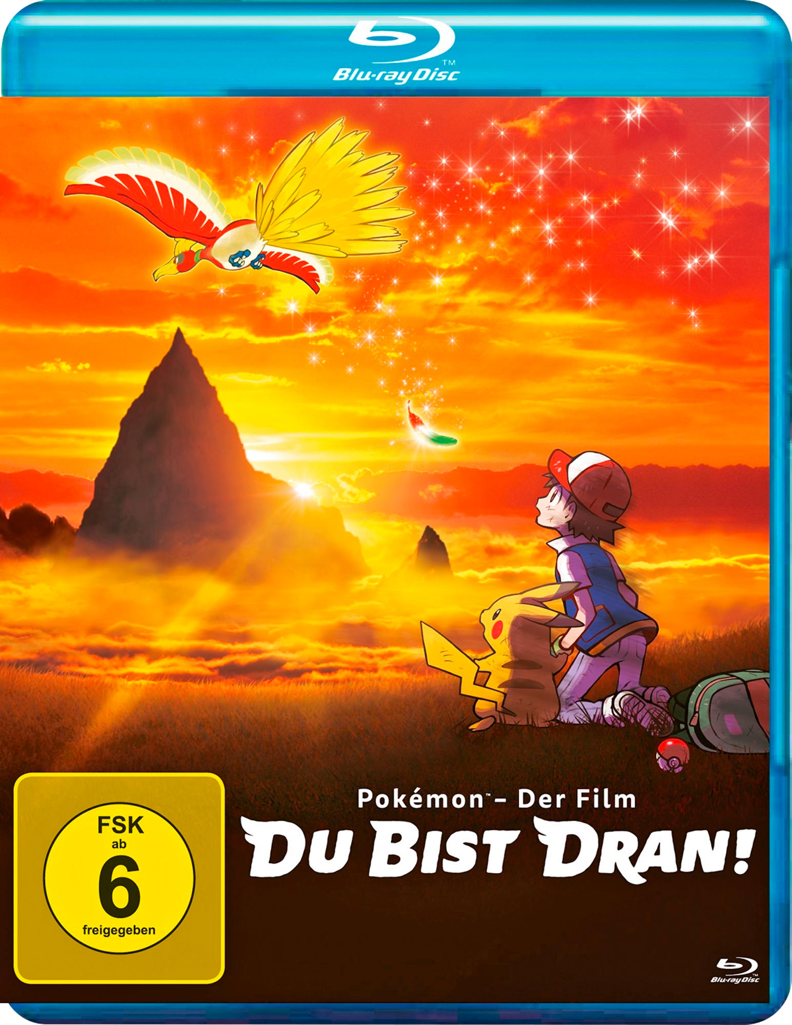 Pokémon-Film-DVD-Cover. Ash und Pikachu schauen einen feurigen Sonnenuntergang an. Ein Vogel fliegt am Himmel.
