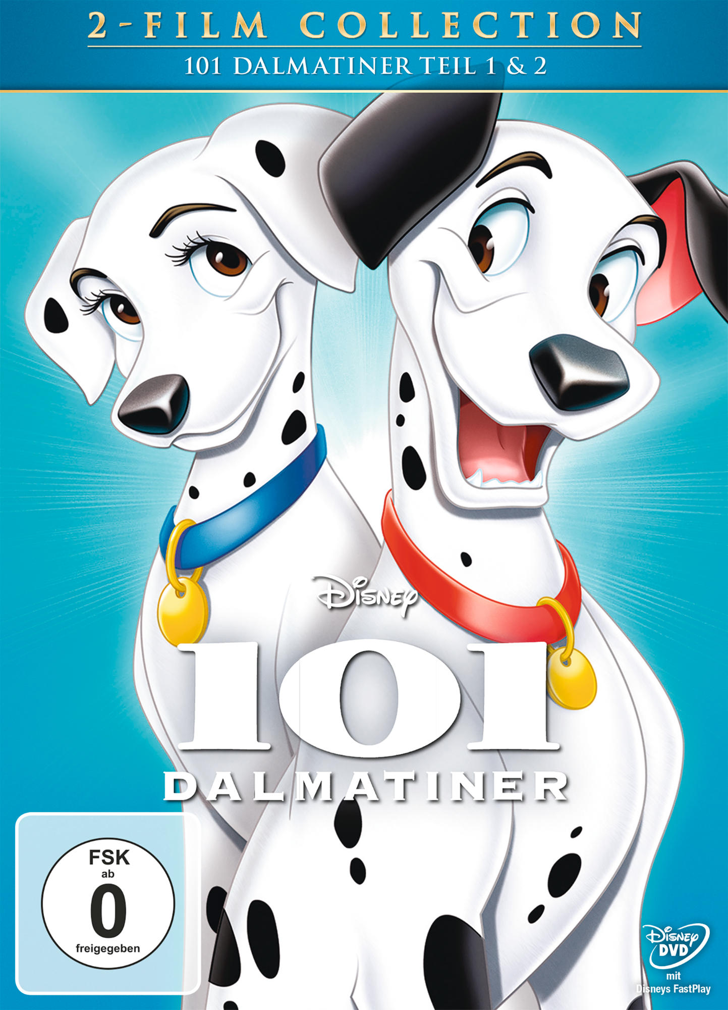 Das DVD-Cover für „101 Dalmatiner“ zeigt zwei Dalmatiner. Einer hat einen blauen Kragen, der andere einen roten. Der Titel ist groß.