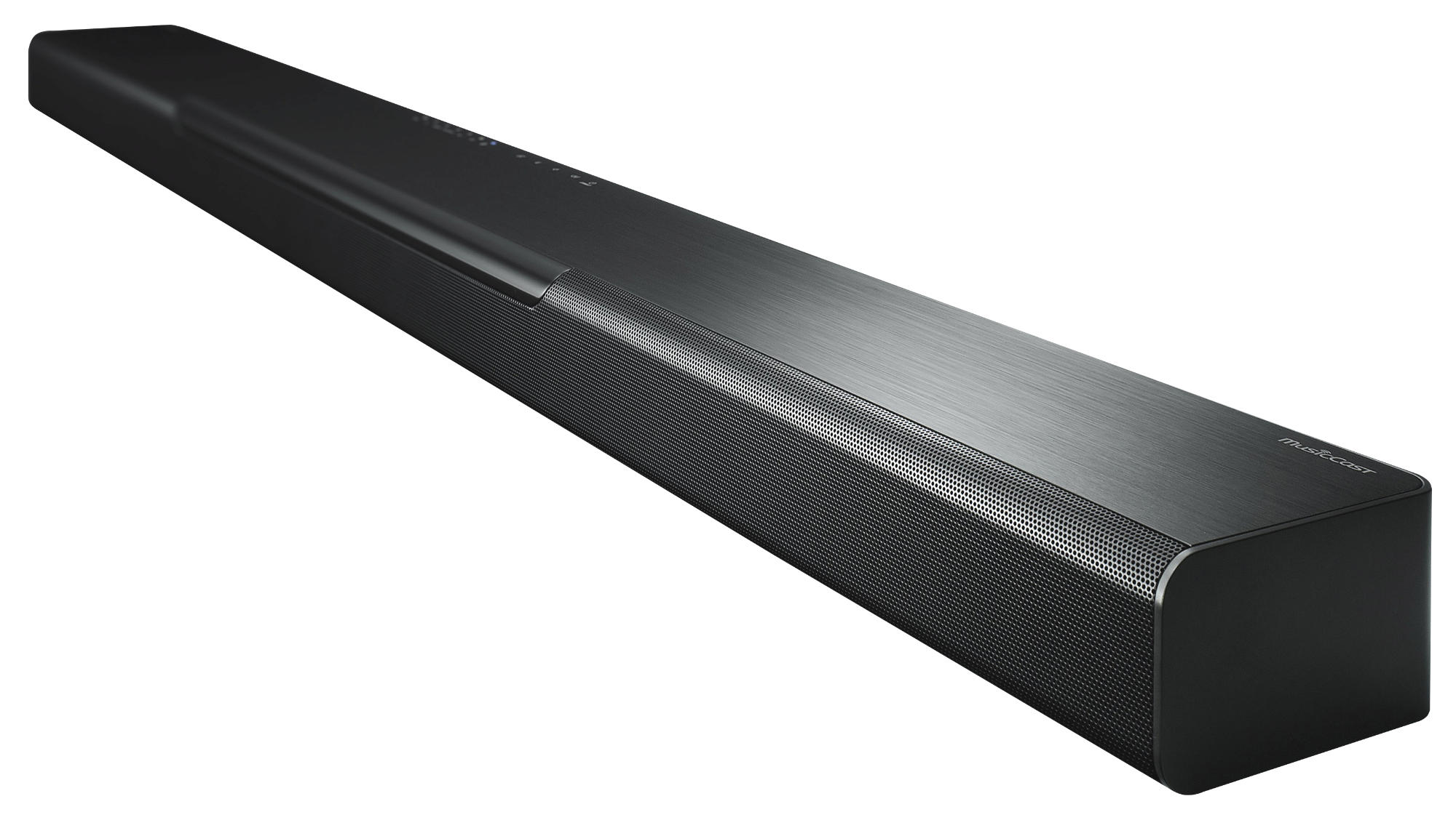 Schwarze Soundbar auf weißem Hintergrund, mit einem Mesh-Vorderteil und einer flachen Oberseite.