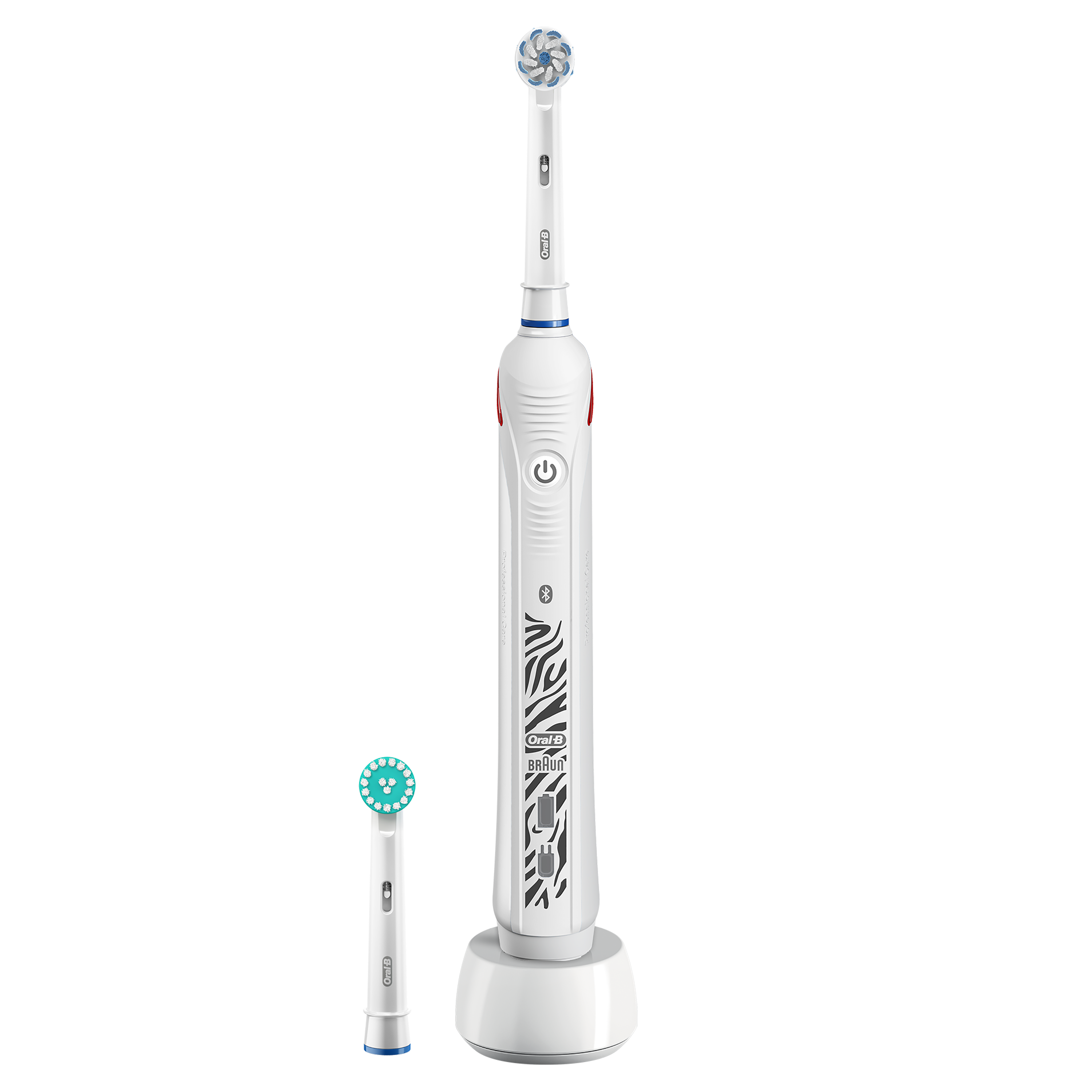 Eine elektrische Zahnbürste von Oral-B Braun und ein Ladegerät. Die Zahnbürste ist weiß mit Zebradruck und eine Ladestation.