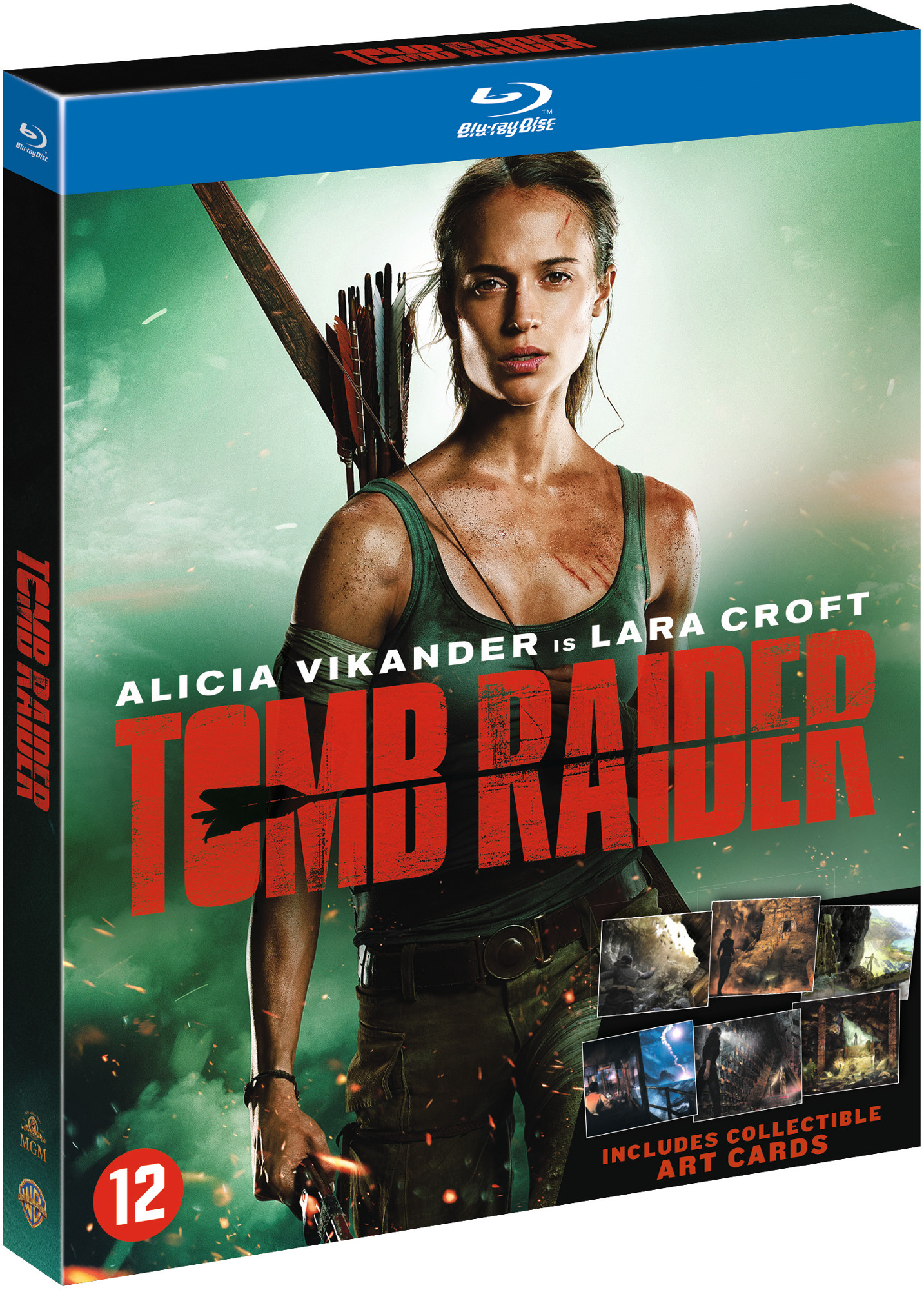 Blu-ray box of Tomb Raider movie with Alicia Vikander. Includes collectible art cards. Green background.