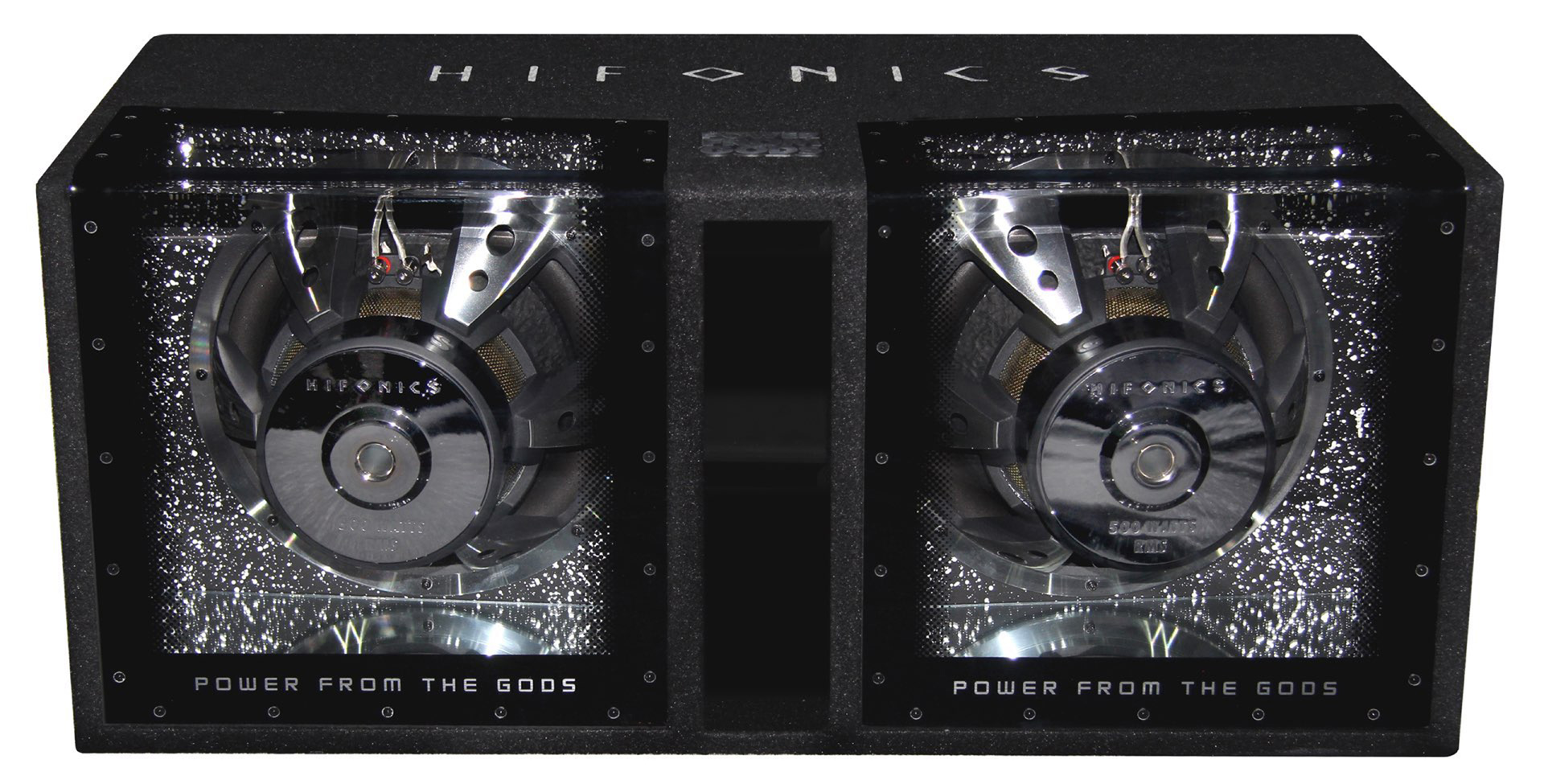 Schwarze Auto-Lautsprecher mit silbernen Konen und dem Text "Power from the Gods".