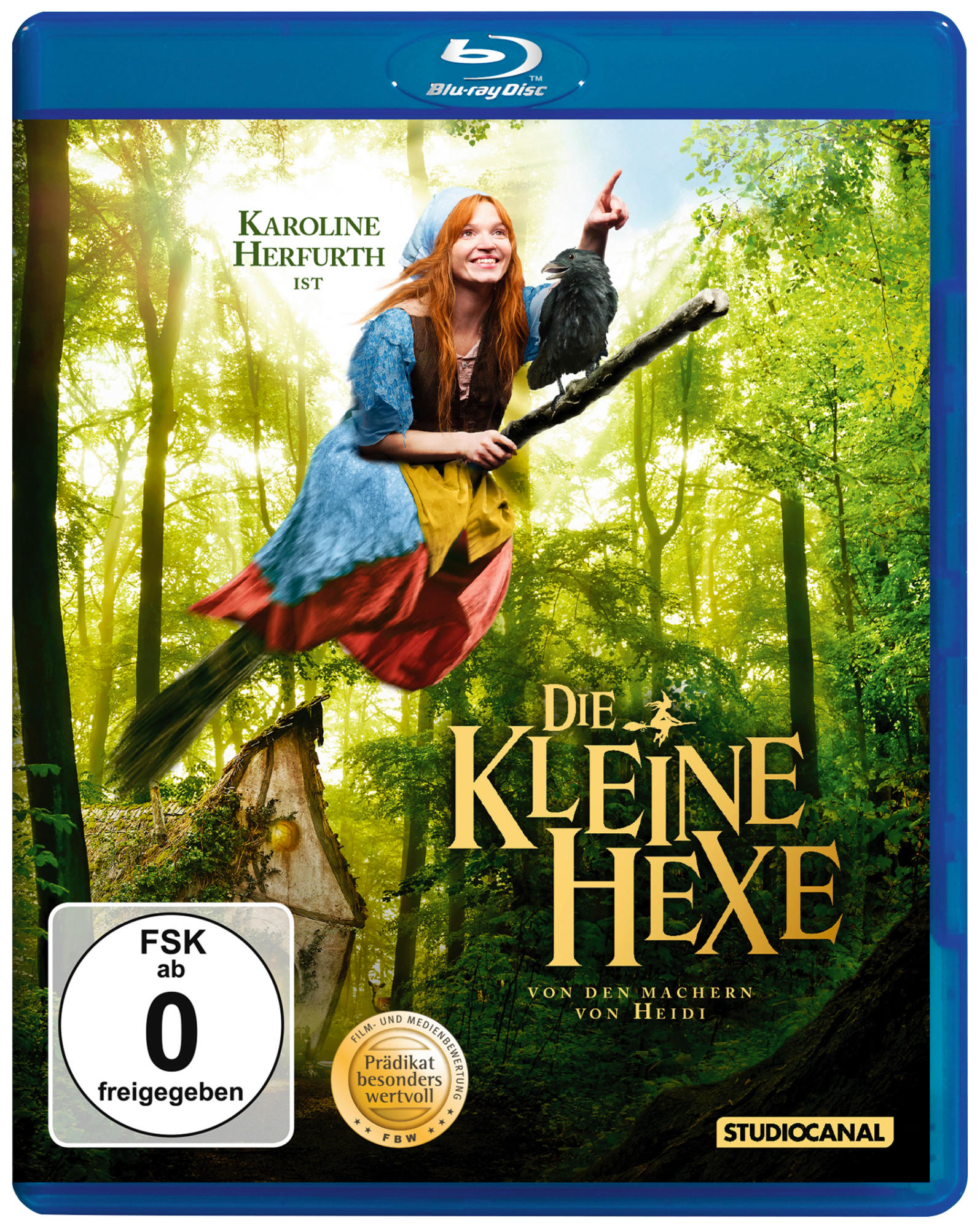 DVD-Cover von Die Kleine Hexe. Mädchen auf einem Besen, mit einem Raben, Waldboden, blaues Cover.