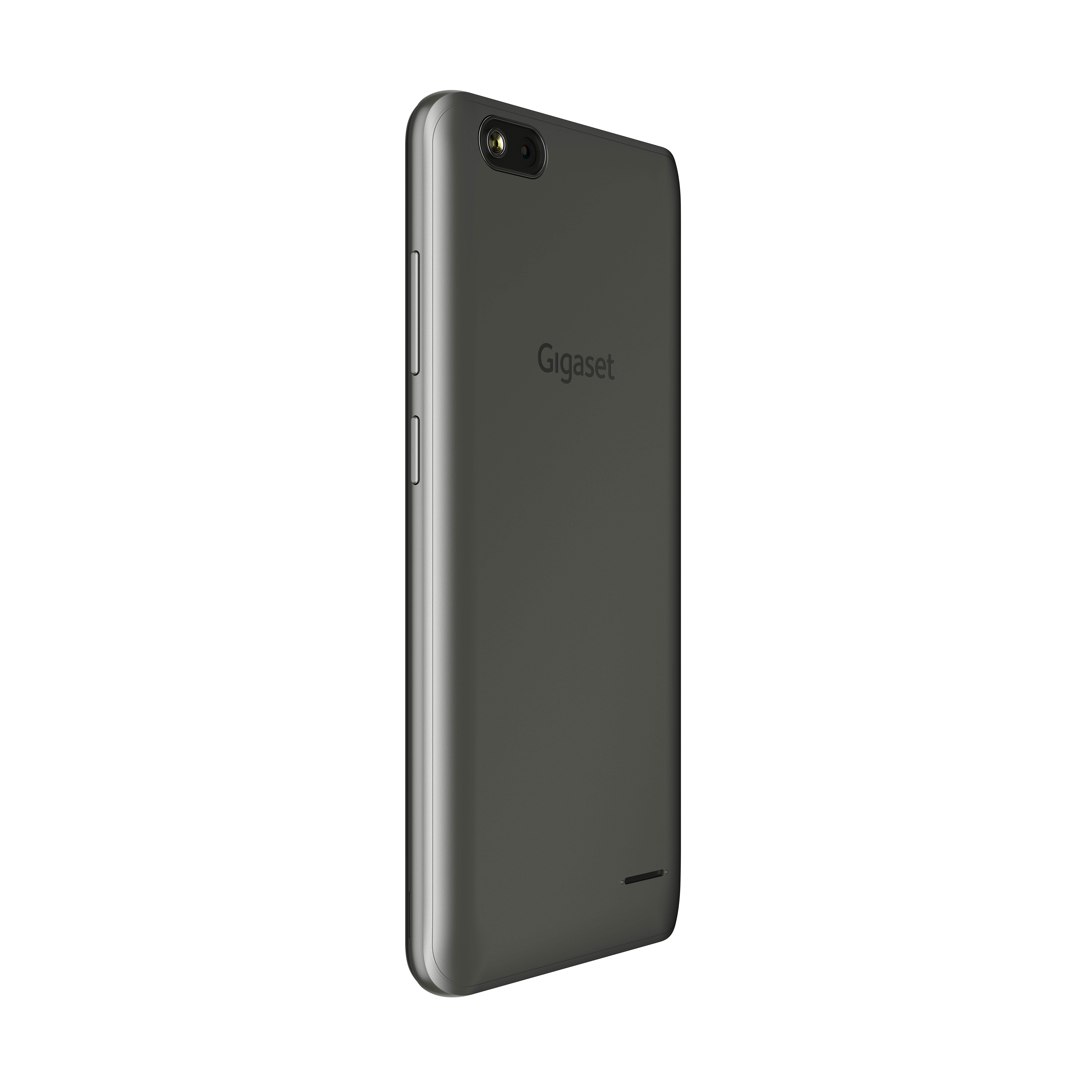 Ein schwarzes Gigaset-Telefon, Rückansicht, auf weißem Hintergrund.