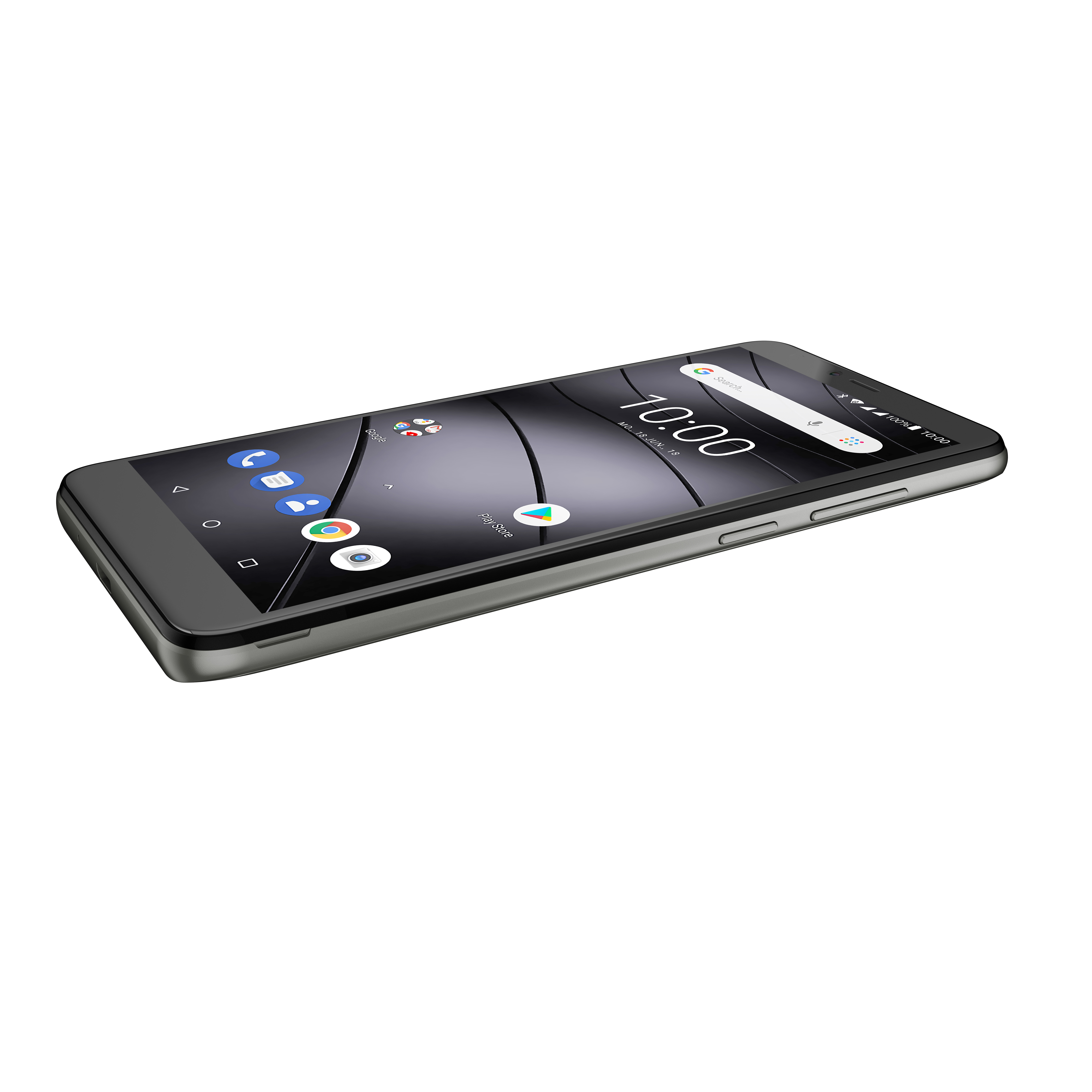 Schwarzes Smartphone auf Weiß. Bildschirm zeigt Symbole. Angeschnittene Ansicht, zeigt Seitentasten.