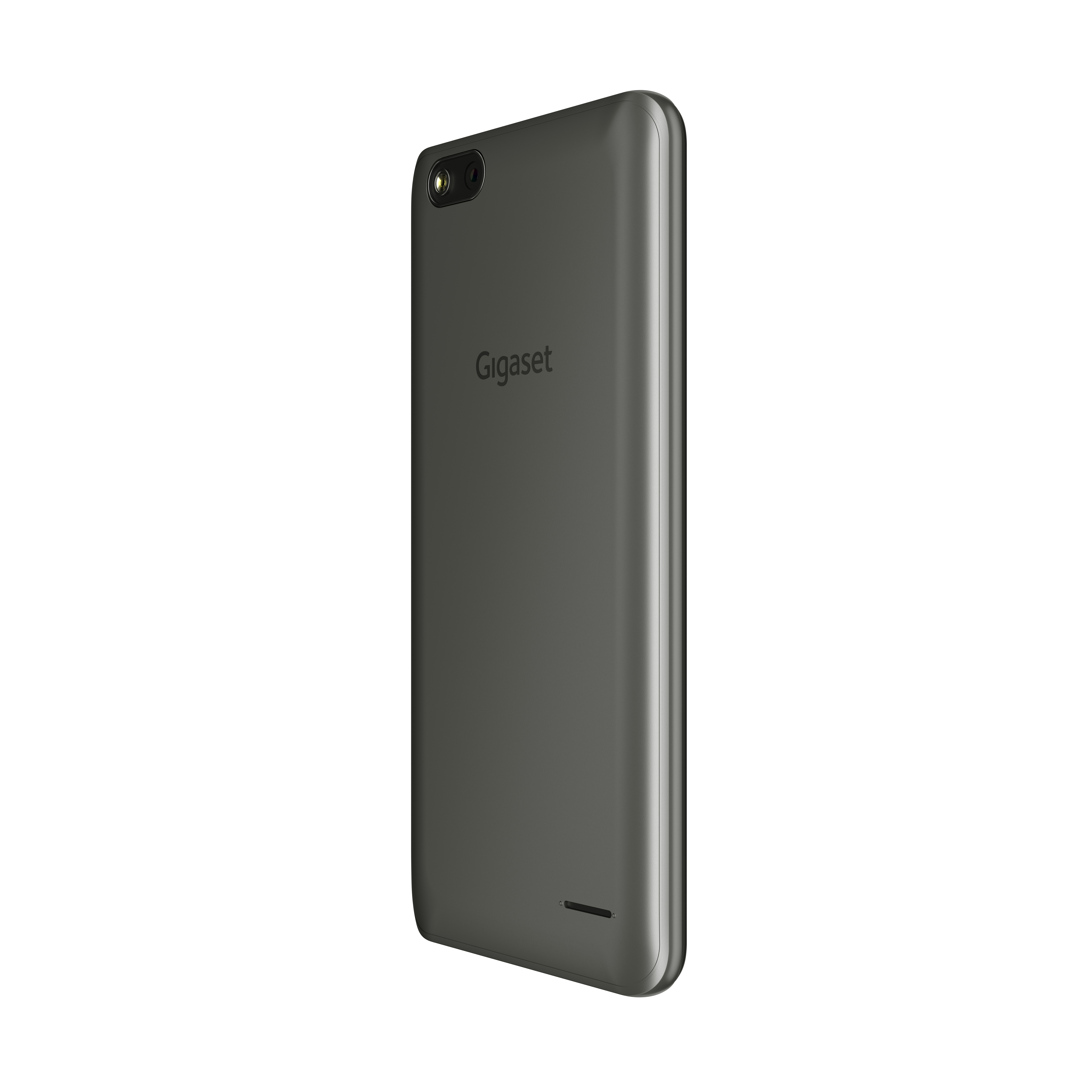 Gigaset-Telefon, Rückansicht. Dunkelgrau, Kamera und Gigaset-Logo sind sichtbar.