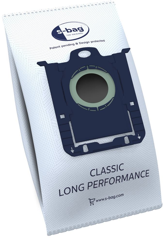 S-bag vacuum cleaner bag packaging. Dark blue bag with text on a white background.