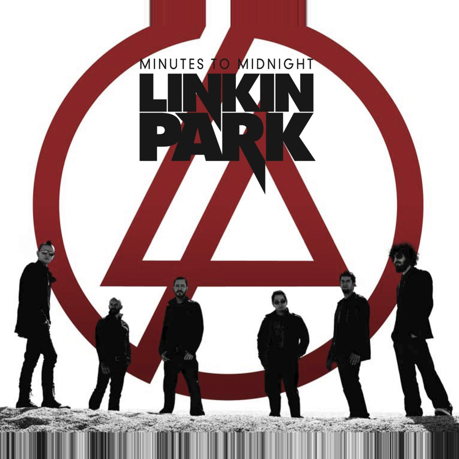 Albumcover: Bandmitglieder vor rotem Logo. Text: Linkin Park, Minutes to Midnight.