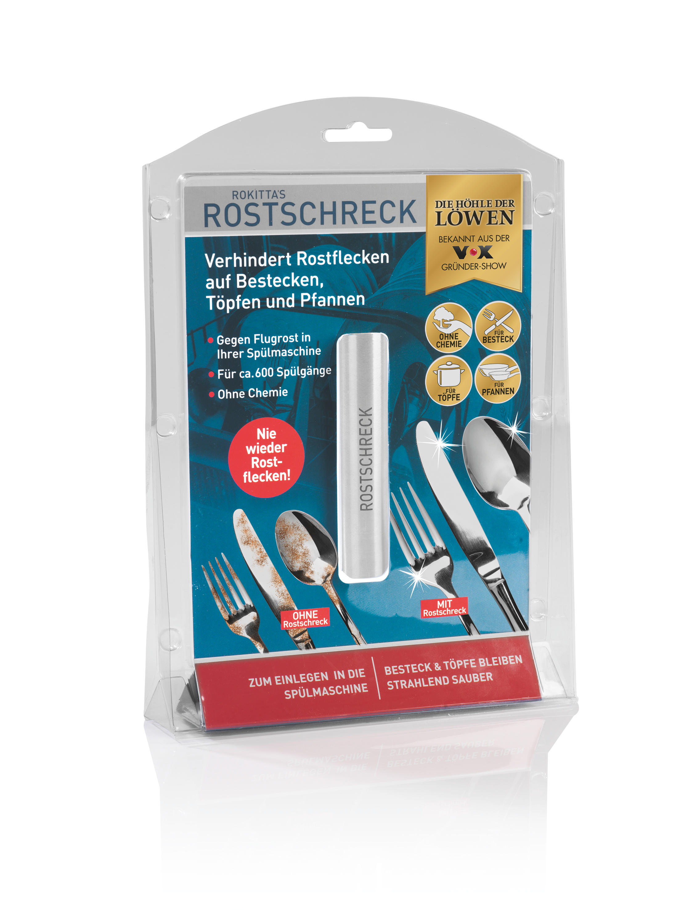 Verpackung mit Reinigungslösung für Besteck und Pfannen.