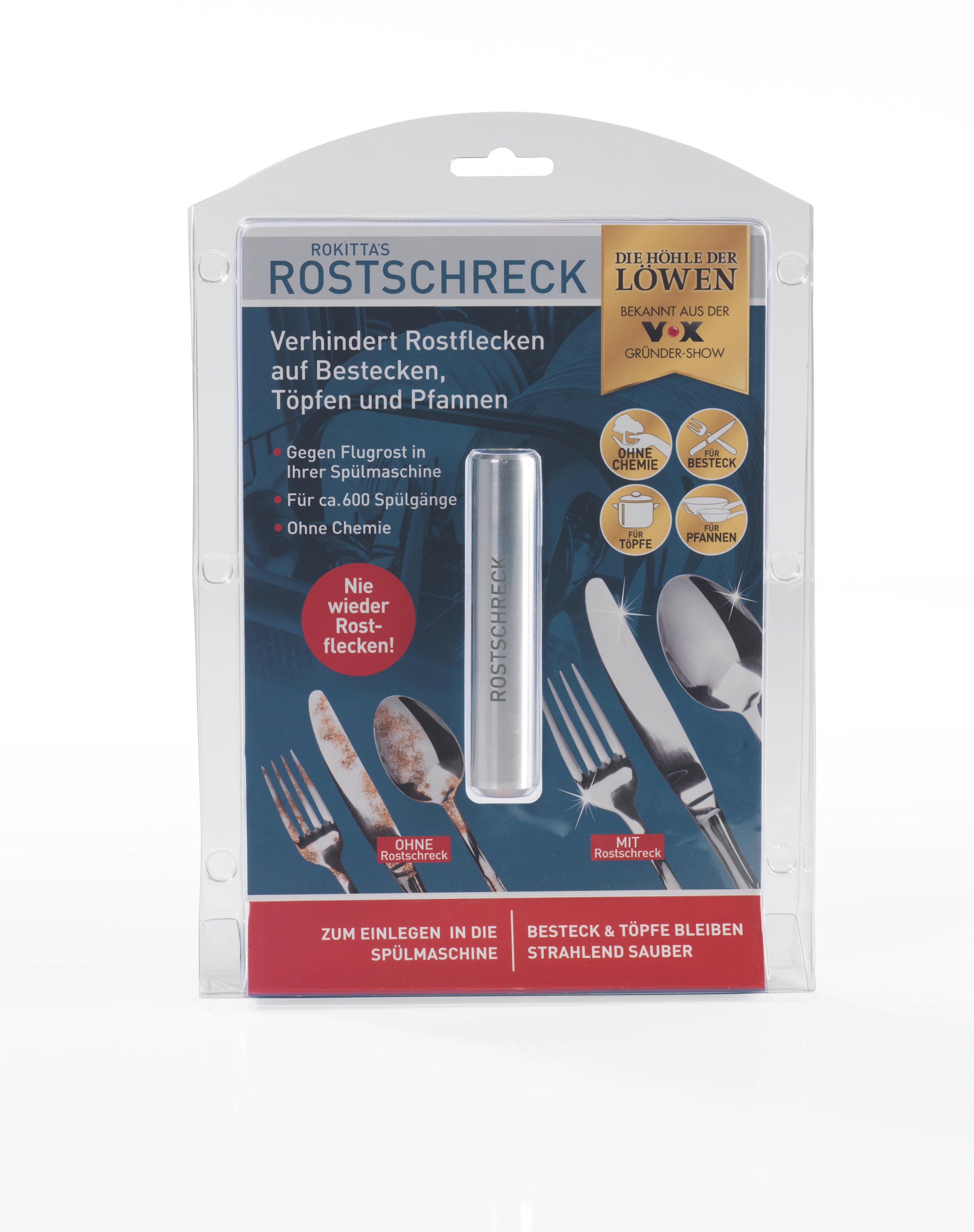Rostschreck Rostentferner Produktverpackung. Enthält einen silbernen Stick und ein rot-weißes Etikett.