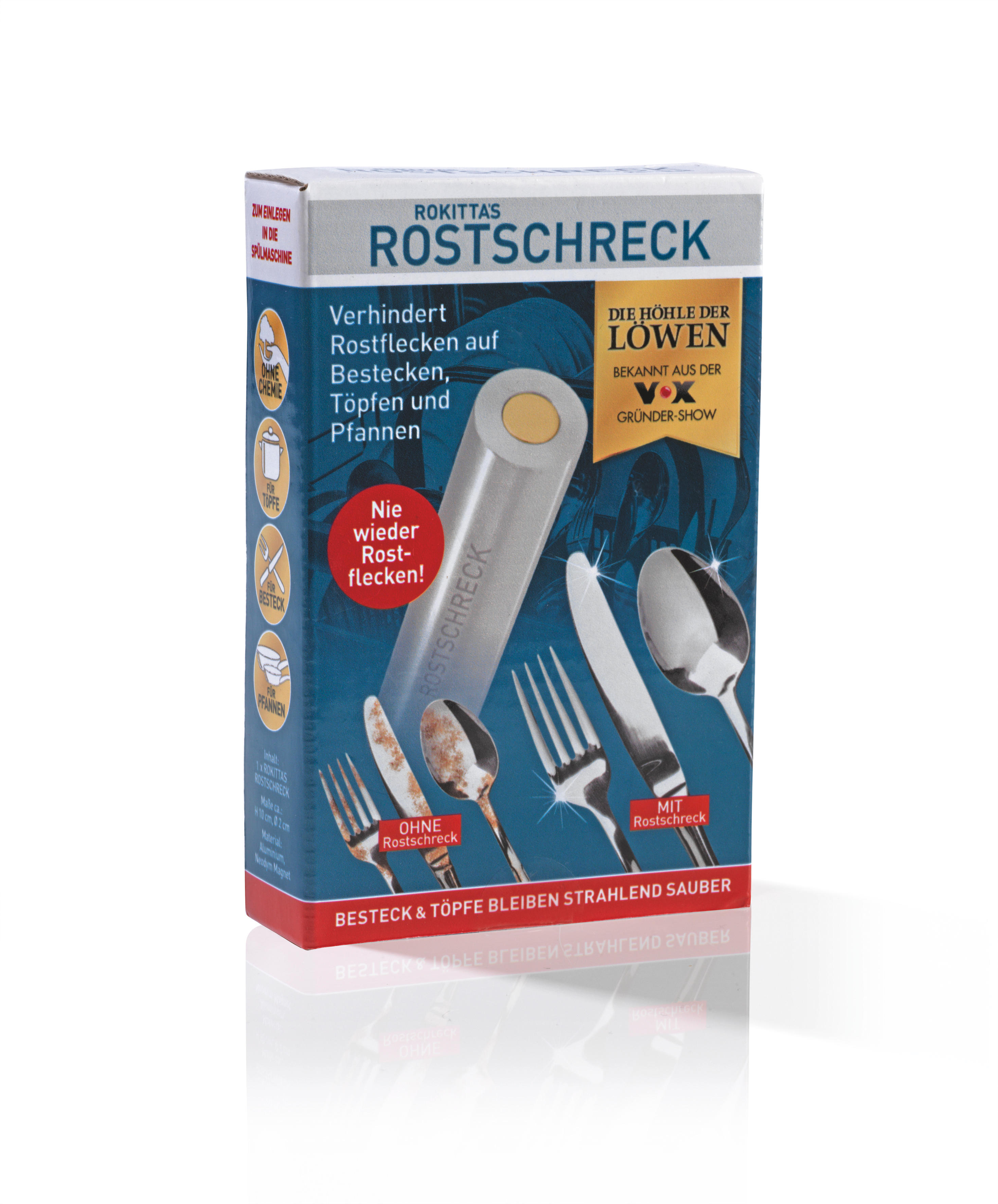 Schachtel von Rostschreck, einem Produkt zur Rostentfernung von Besteck und Pfannen.