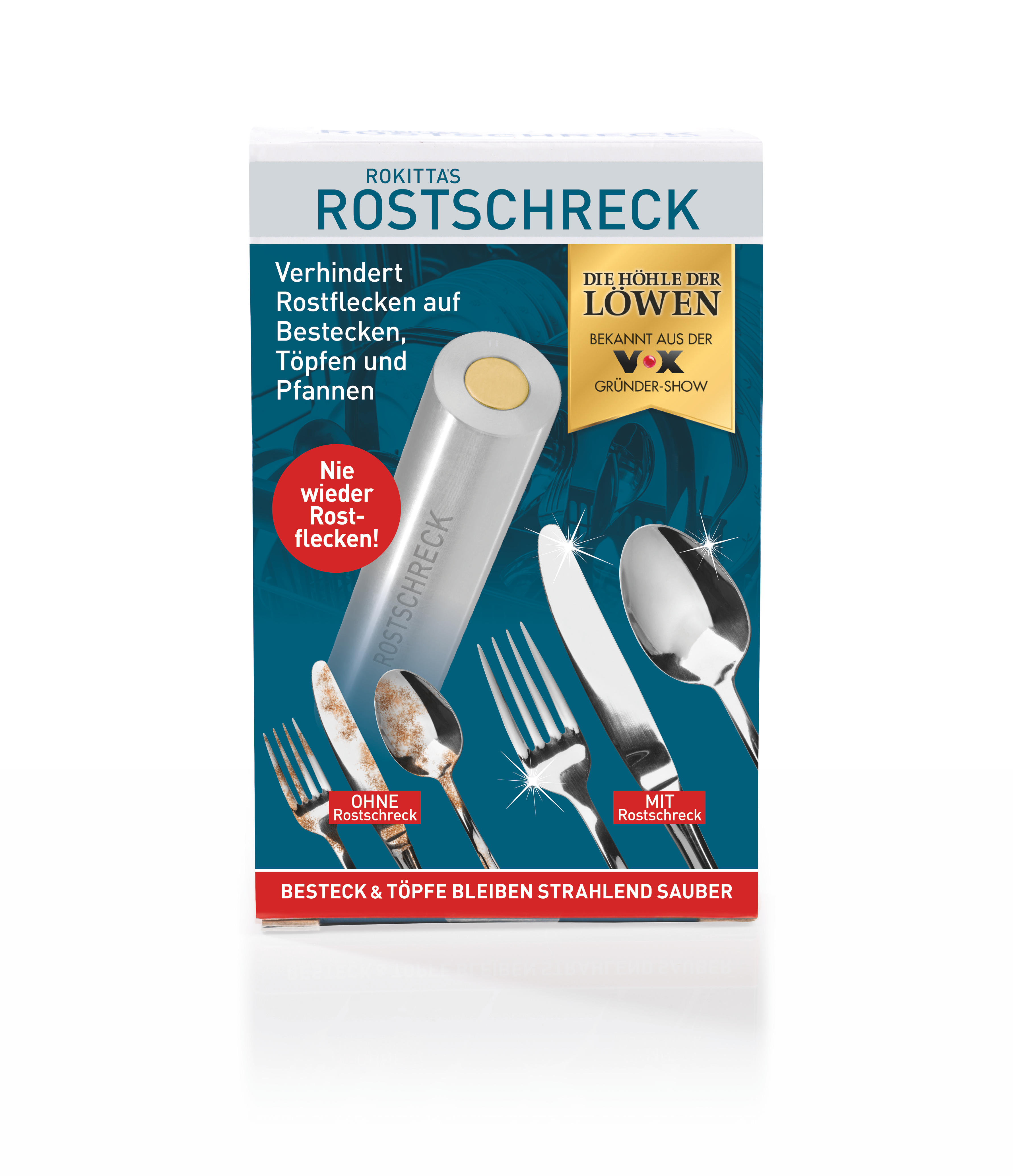 Produktverpackung, die Besteck mit und ohne Rostschreck, einem Rostentferner, zeigt.