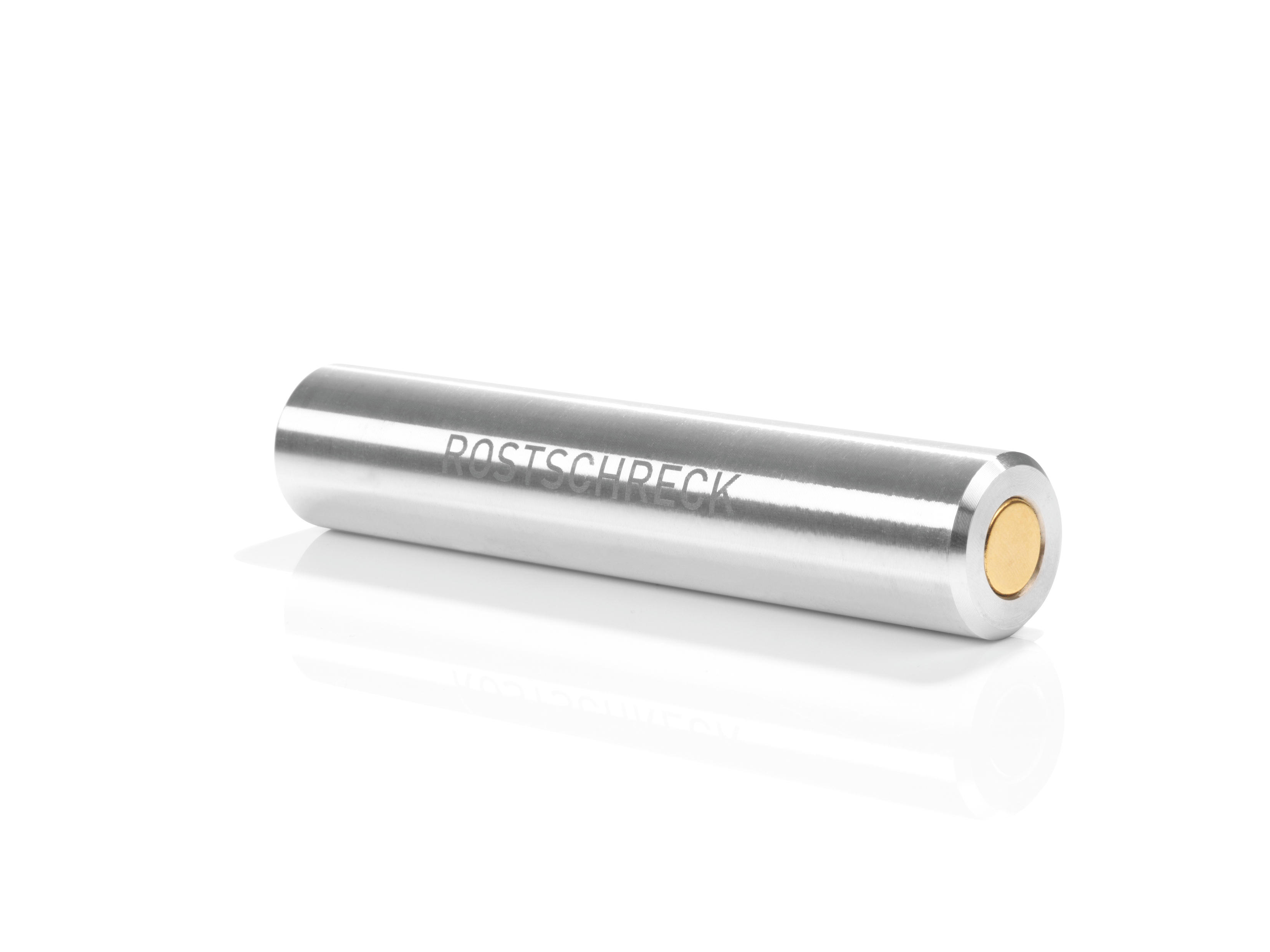 Eine silberne Metallstange mit dem Aufdruck 'ROSTSCHRECK' auf weißem Untergrund.
