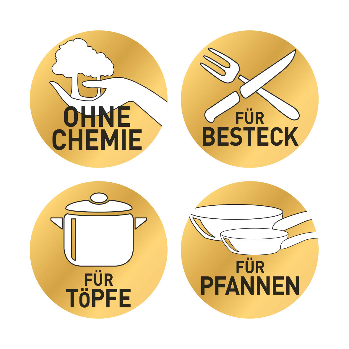 Vier goldene Kreise mit weißen Symbolen und Text: keine Chemikalien, Besteck, Töpfe, Pfannen.