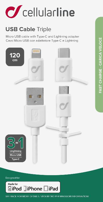 Weiße USB-Kabelverpackung. Vier verschiedene Anschlüsse. Text und Logo vorne.