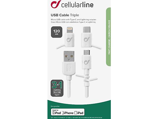 CELLULAR LINE USB Cable Triple - Câble de données (Blanc)