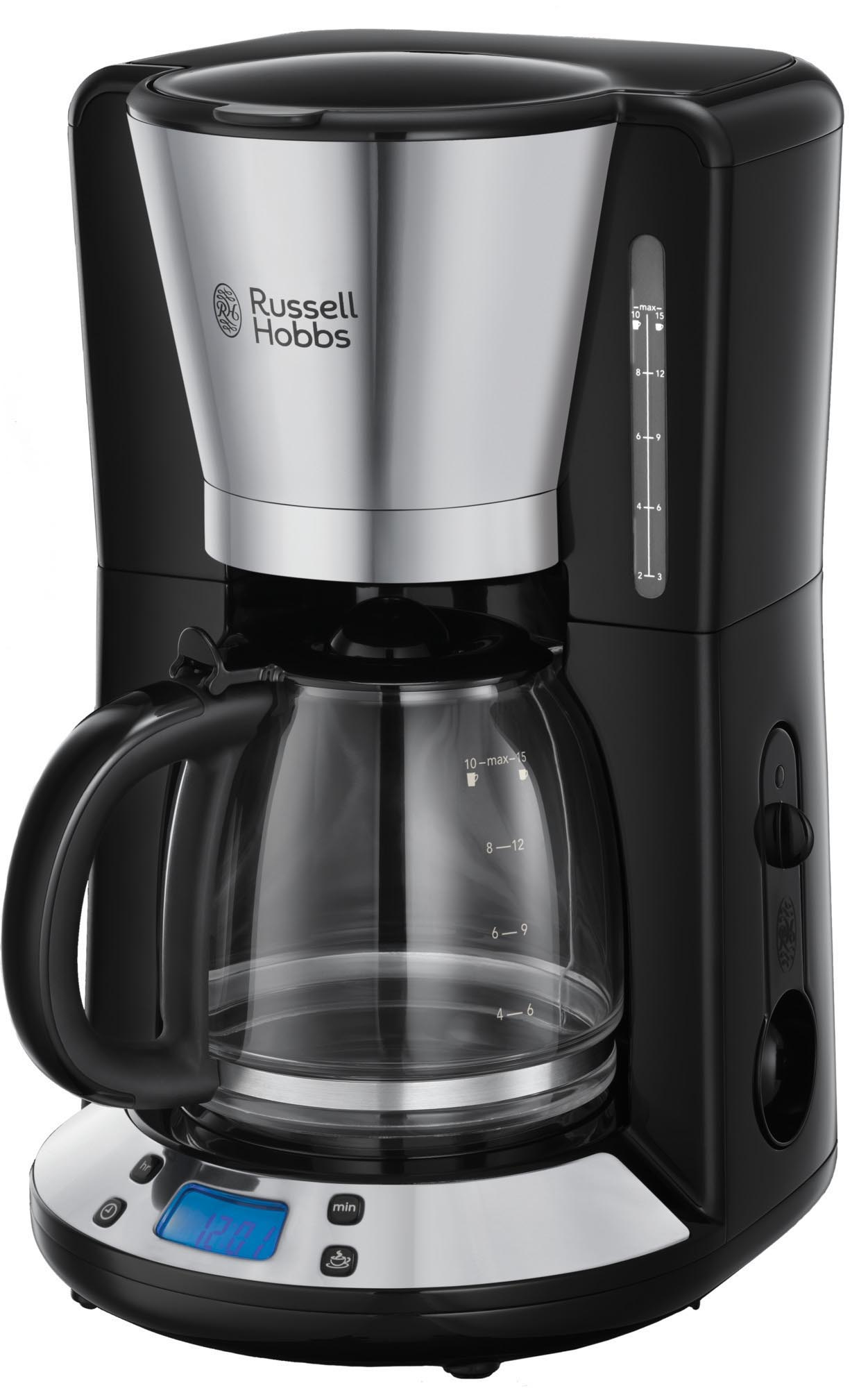 Eine schwarz-silberne Russell Hobbs Kaffeemaschine mit Glaskaraffe und digitaler Anzeige.