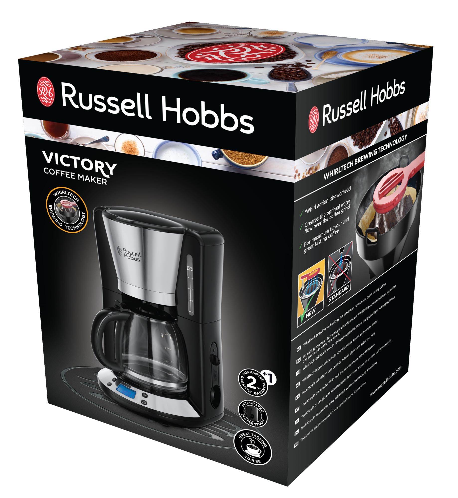 Russell Hobbs Victory Kaffeemaschine Box, schwarz und silber, mit Kaffeemaschine innen.