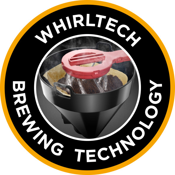 Ein rundes schwarz-gelbes Logo mit dem Text: Whirltech Brewing Technology, das einen Kaffeezubereitungsprozess darstellt.