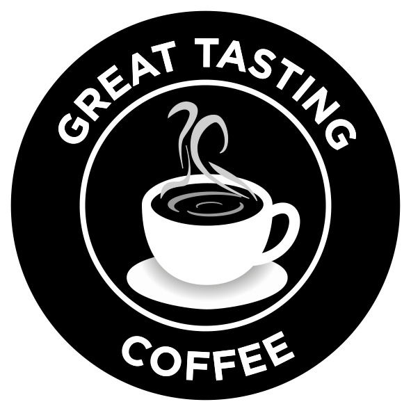 Schwarz-weißes Logo mit Kaffeetasse und der Aufschrift 'GREAT TASTING COFFEE' in einem Kreis.