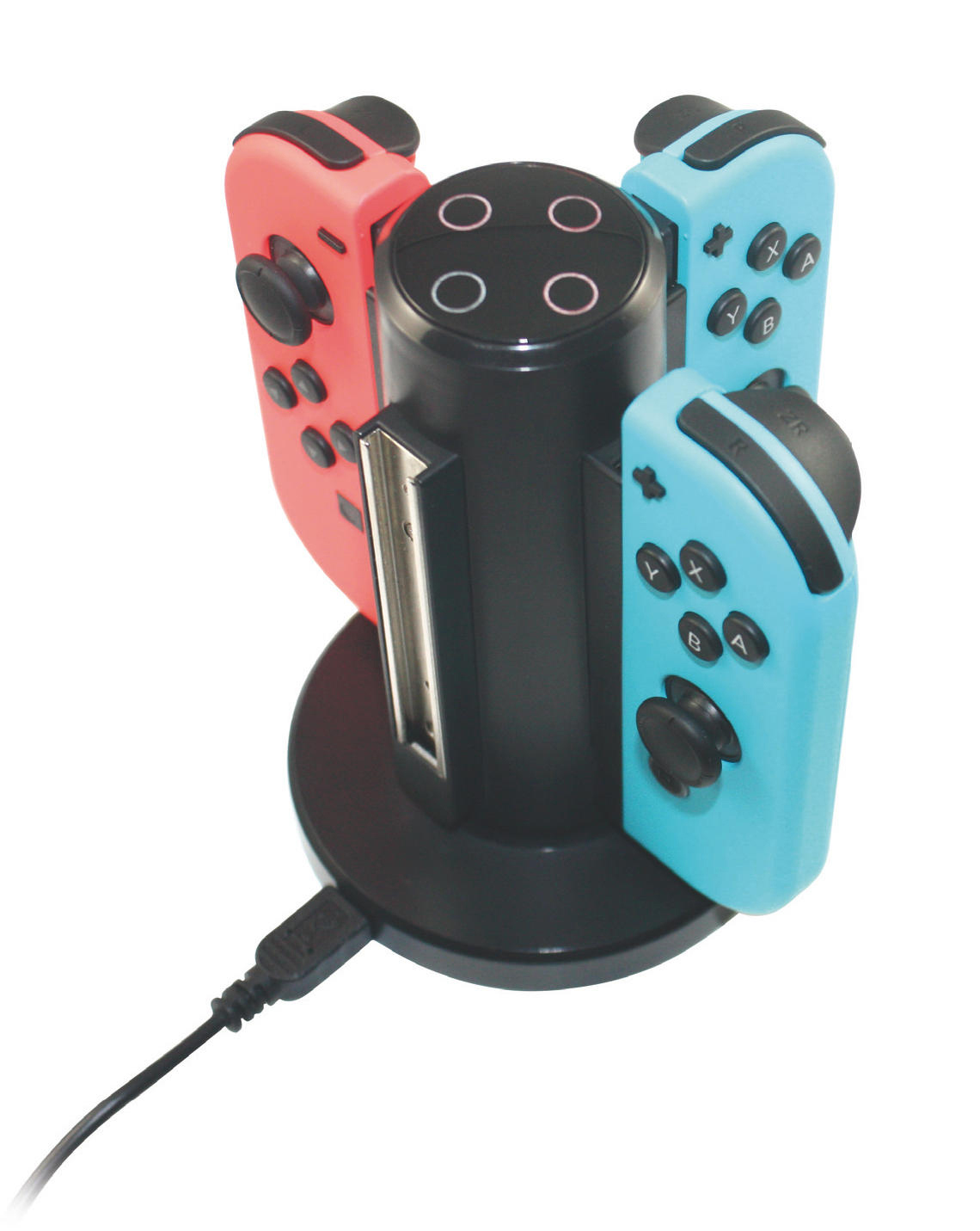 Schwarze Ladestation für Switch-Controller. Zwei blaue, zwei rote Controller.