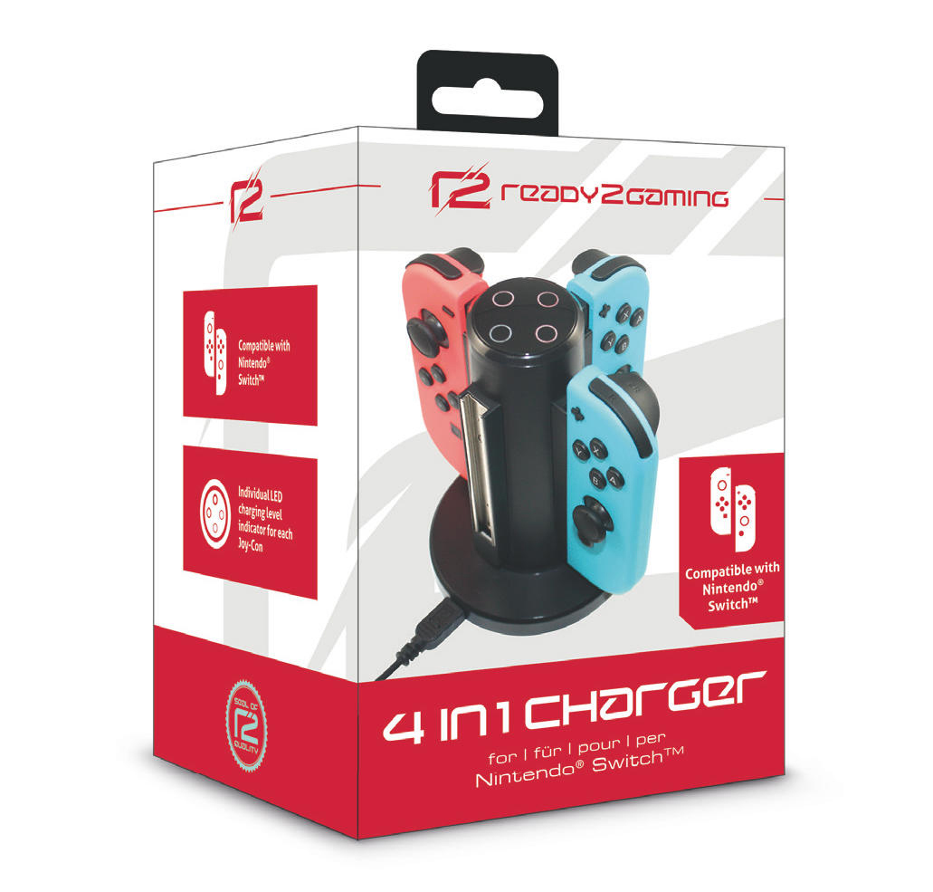 Eine Box mit einem Ladegerät für Nintendo Switch Joy-Cons. Rote und blaue Controller werden angezeigt.