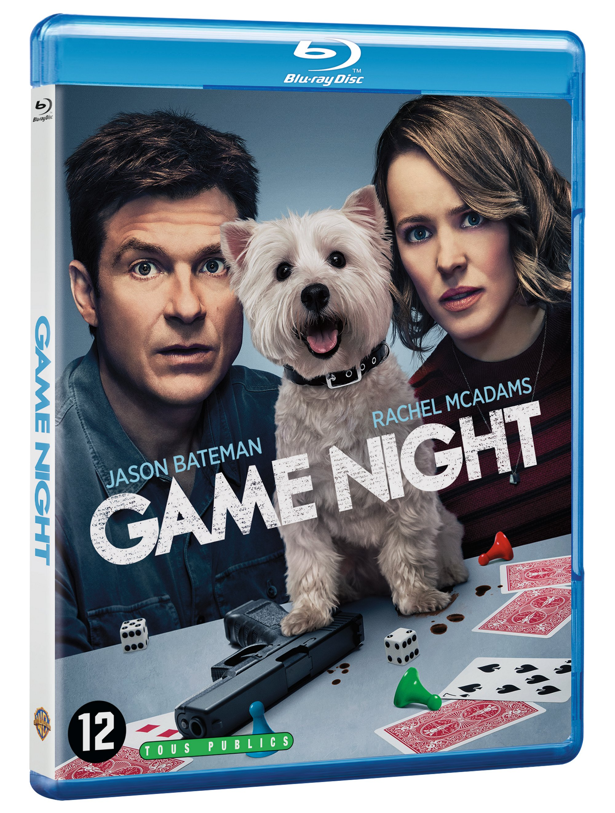 Couverture Blu-ray de Game Night. Jason Bateman, Rachel McAdams et un chien. Dés, cartes et une arme sur une table.