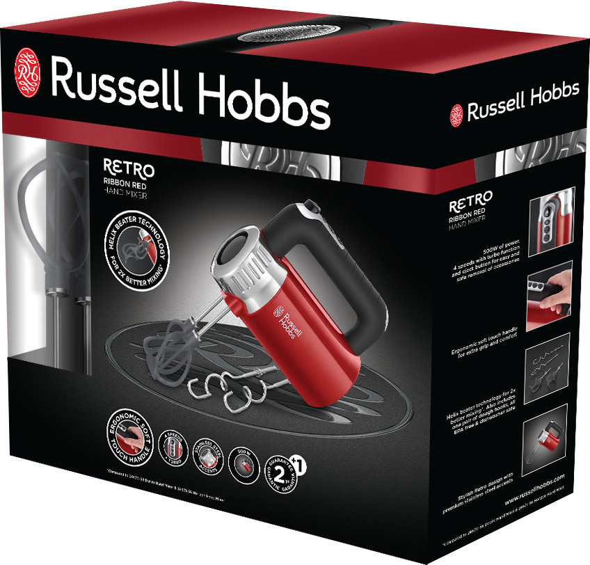 RUSSELL HOBBS 25200-56 RH Retro Ribbon Handmixer Rot/Edelstahl/Schwarz (500 Watt)