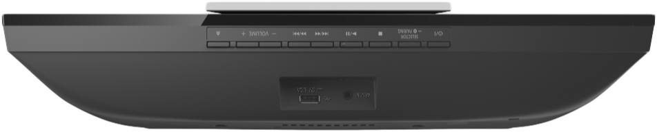 Fekete soundbar. Hangerő, lejátszás és bemenet gombok. USB és egyéb portok a hátoldalon.
