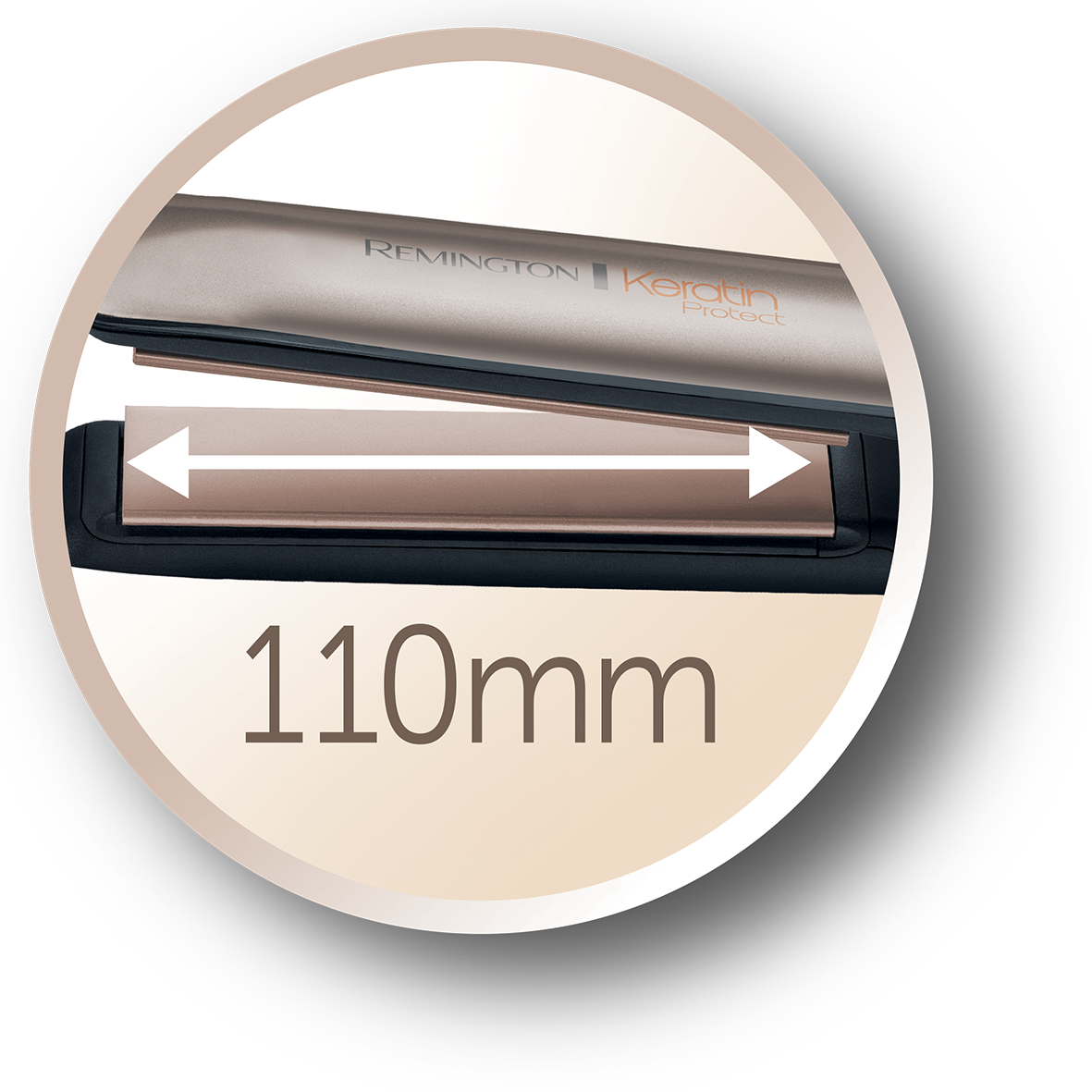 Kreisförmiges Bild, das einen Haarglätter mit einer Breite von 110 mm zeigt.