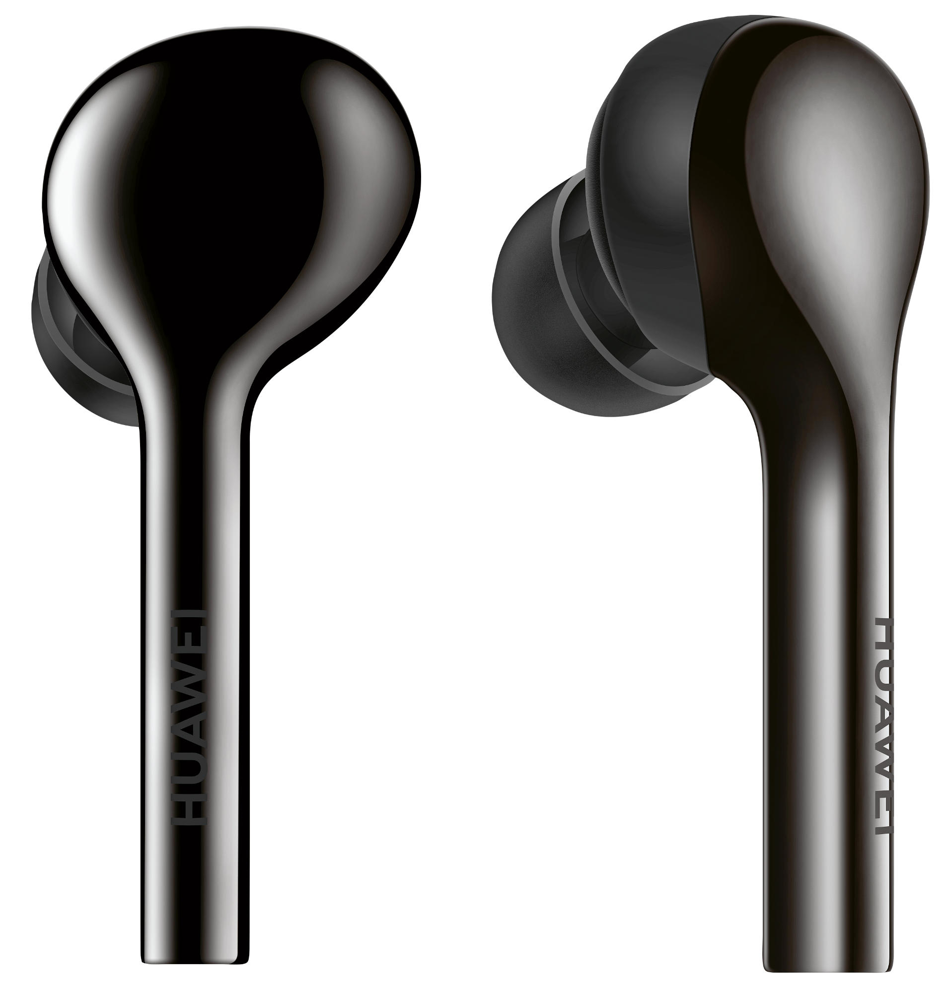 Zwei schwarze Huawei-Wireless-Ohrhörer, elegantes Design.